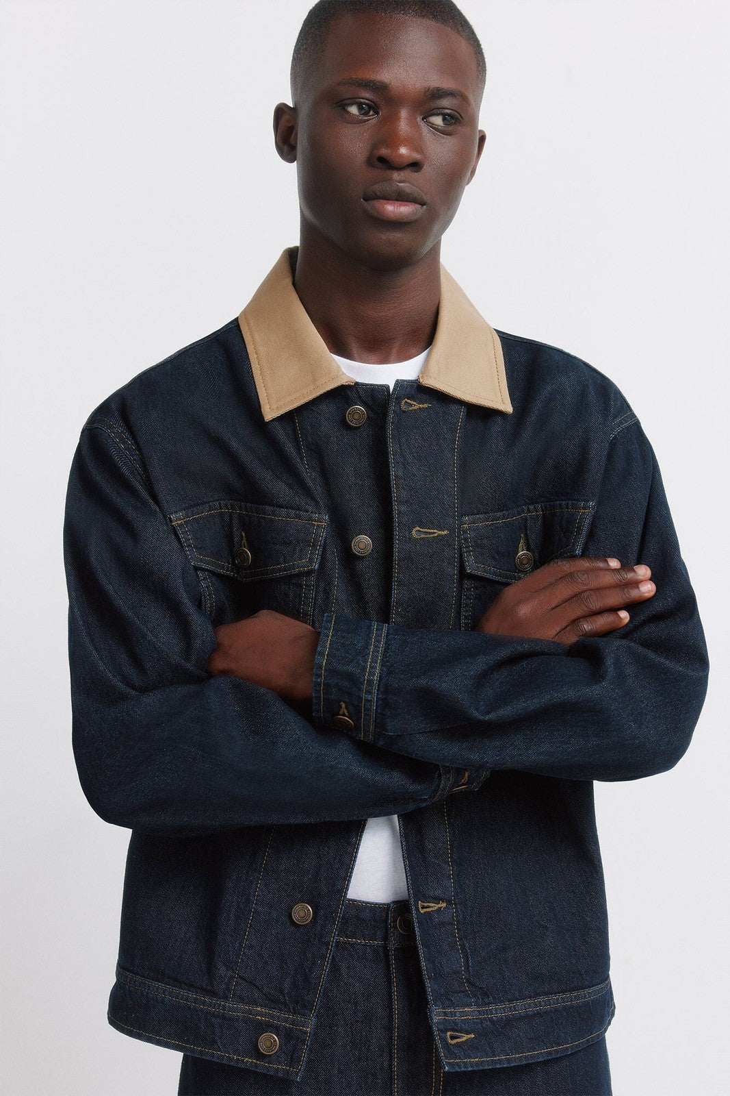 Oversized Denim Jacket With Contrast Neck - Navy