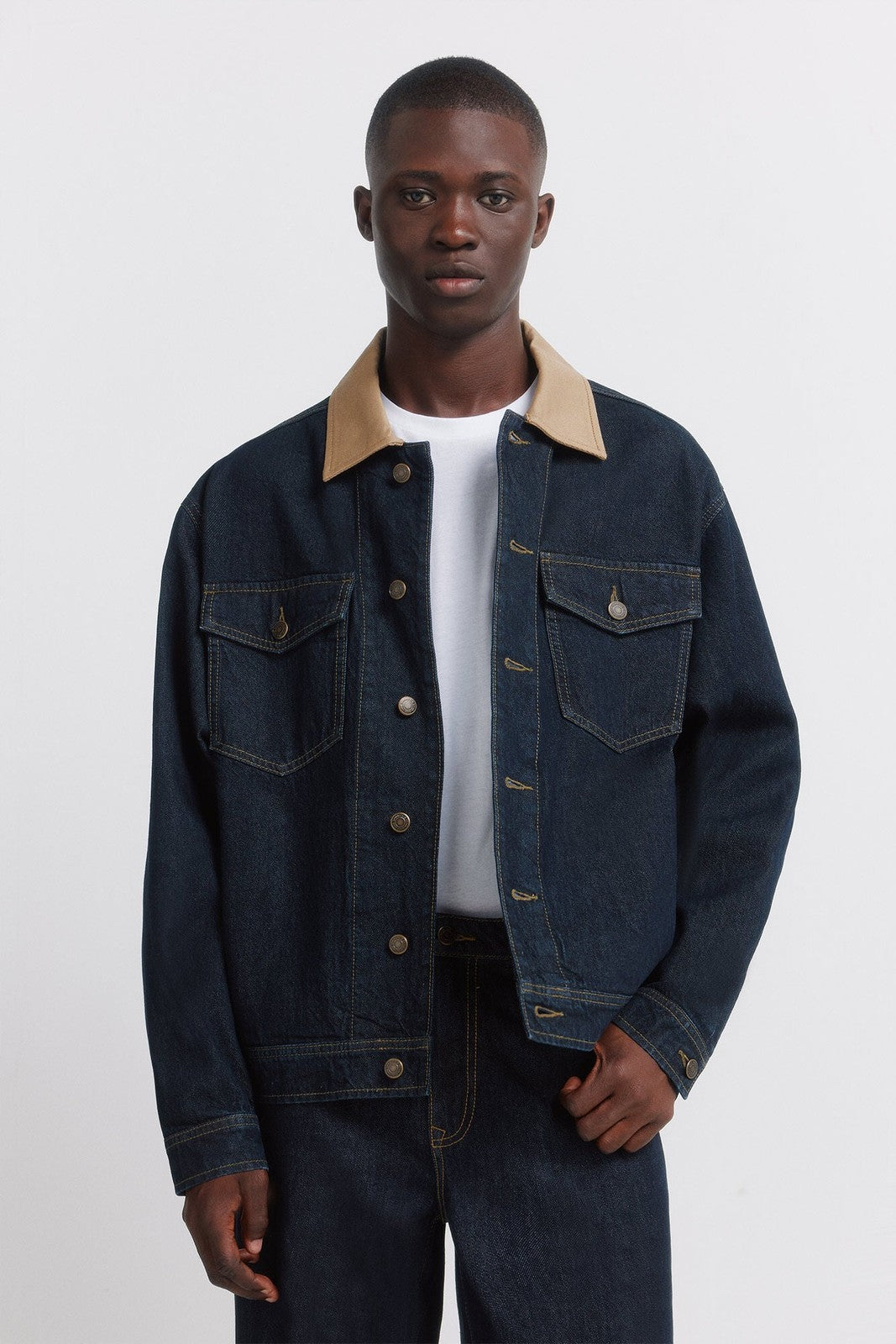 Oversized Denim Jacket With Contrast Neck - Navy