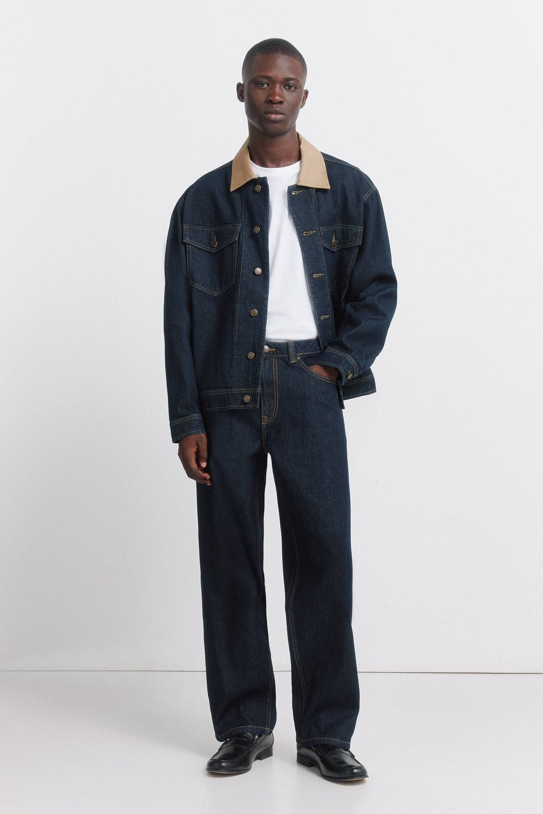 Oversized Denim Jacket With Contrast Neck - Navy