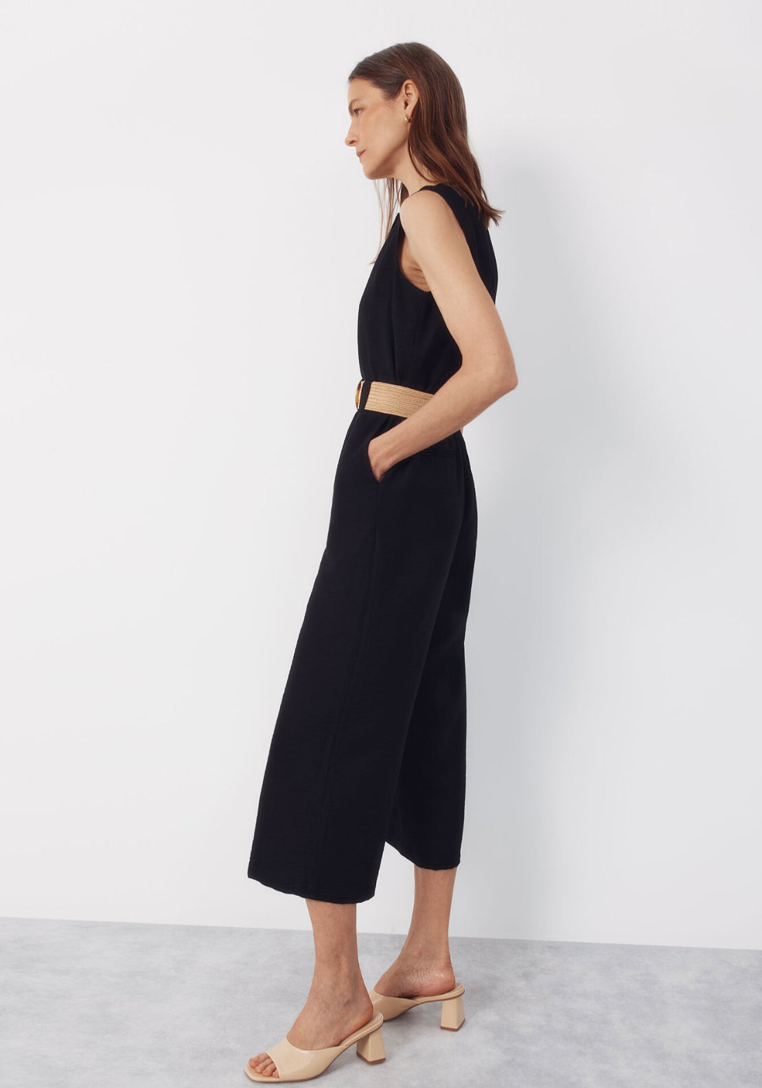 Raffia Belted Jumpsuit - Black