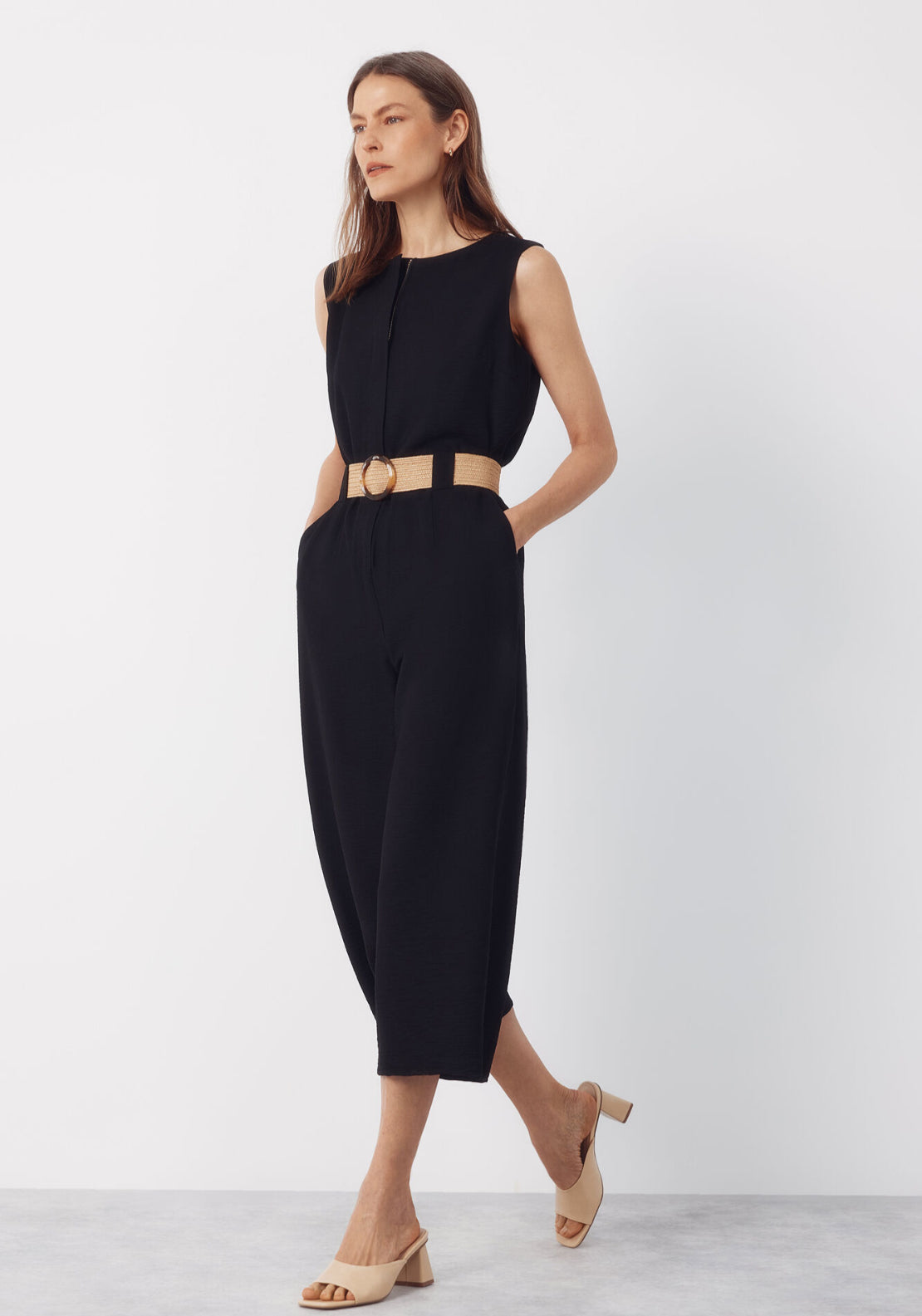 Raffia Belted Jumpsuit - Black