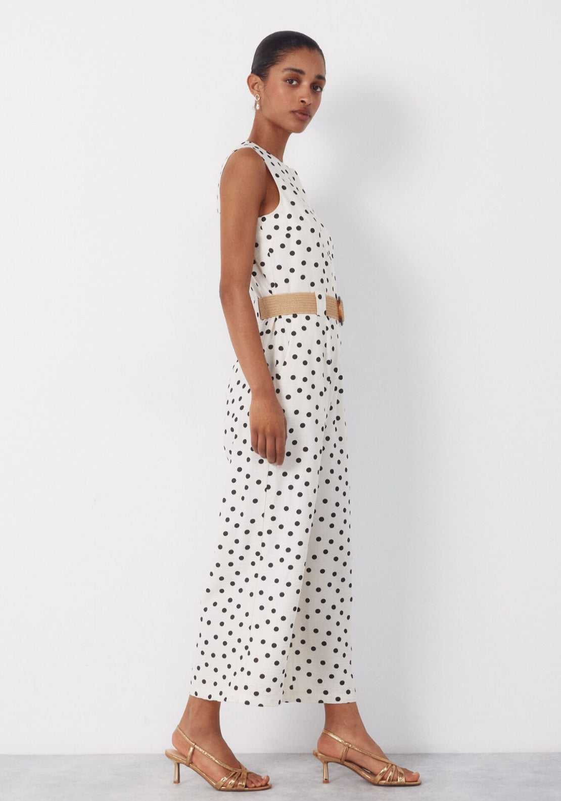 Cortefiel Raffia Belted Jumpsuit - White 3 Shaws Department Stores