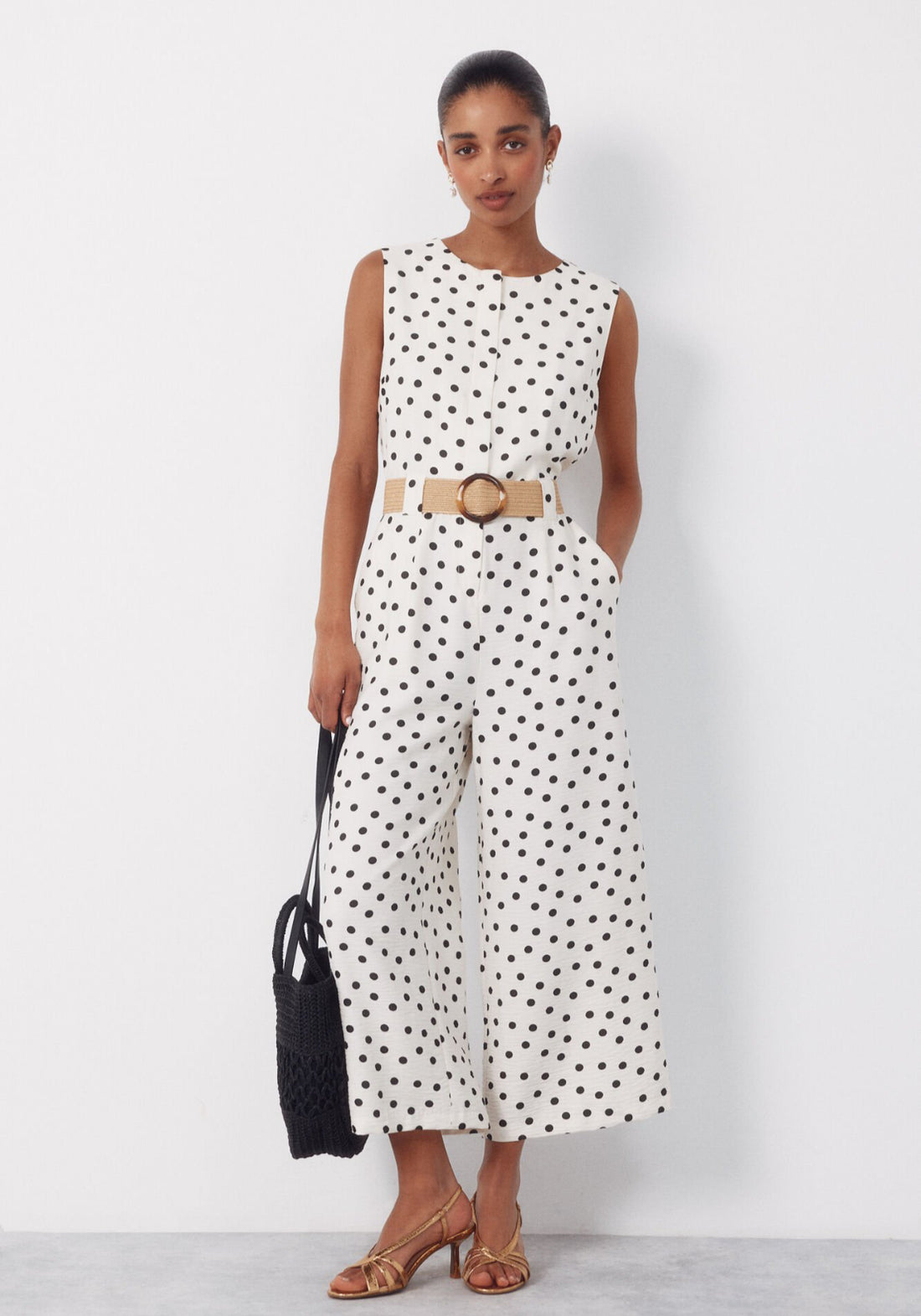Cortefiel Raffia Belted Jumpsuit - White 1 Shaws Department Stores