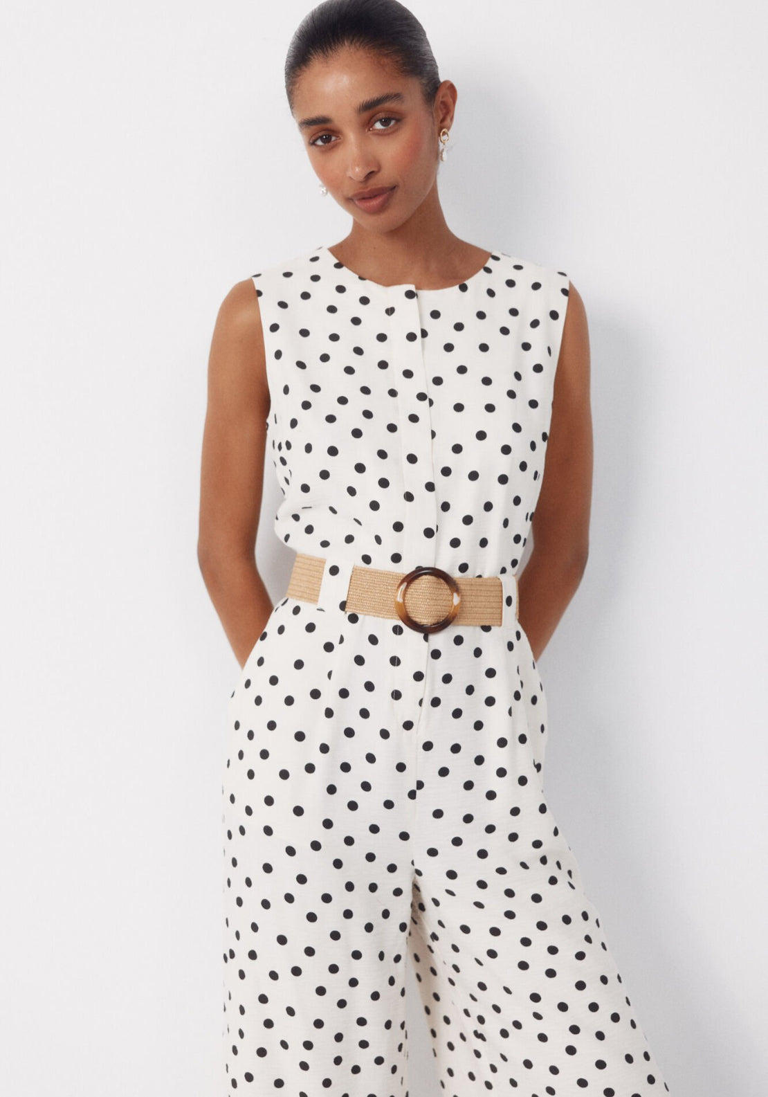 Cortefiel Raffia Belted Jumpsuit - White 5 Shaws Department Stores