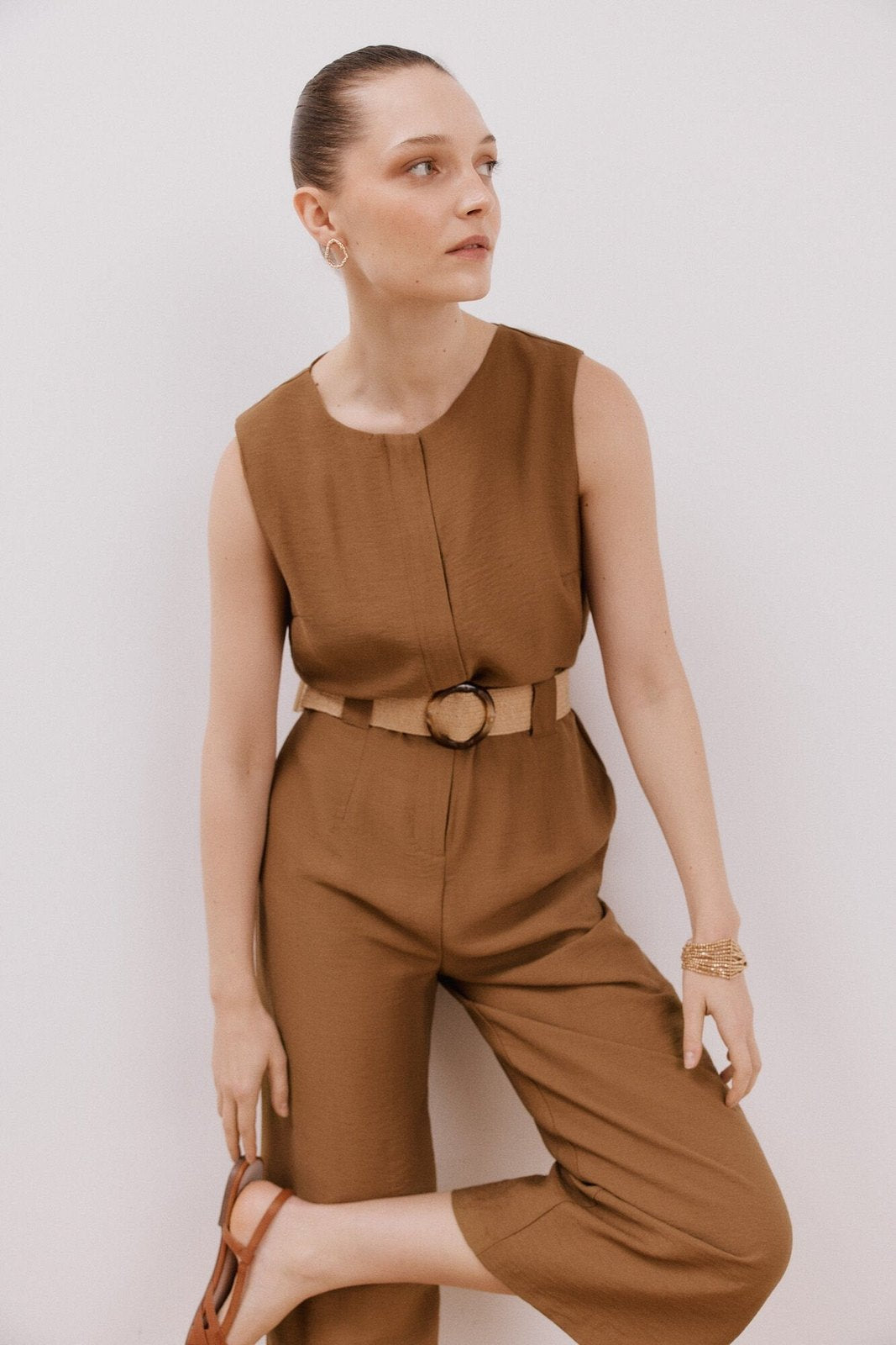 Cortefiel Jumpsuit With Contrasting Belt - Dark Brown 1 Shaws Department Stores
