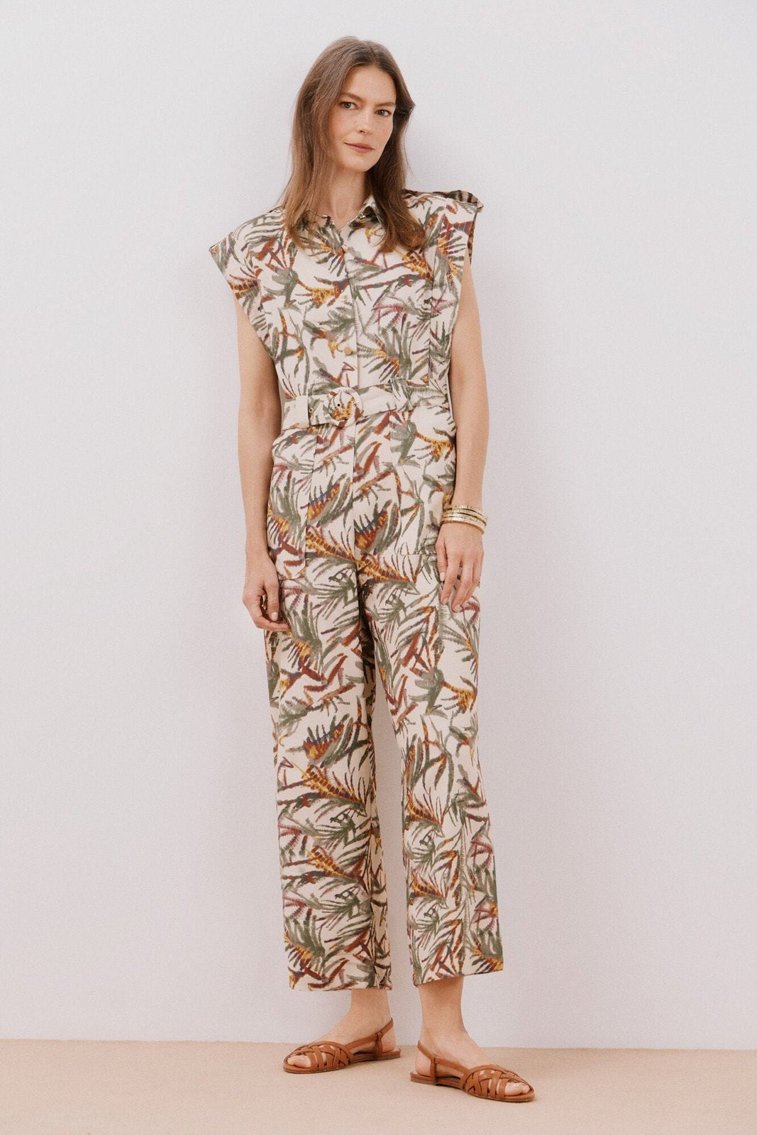 Cortefiel Short Sleeve Belted Jumpsuit - White Print 3 Shaws Department Stores