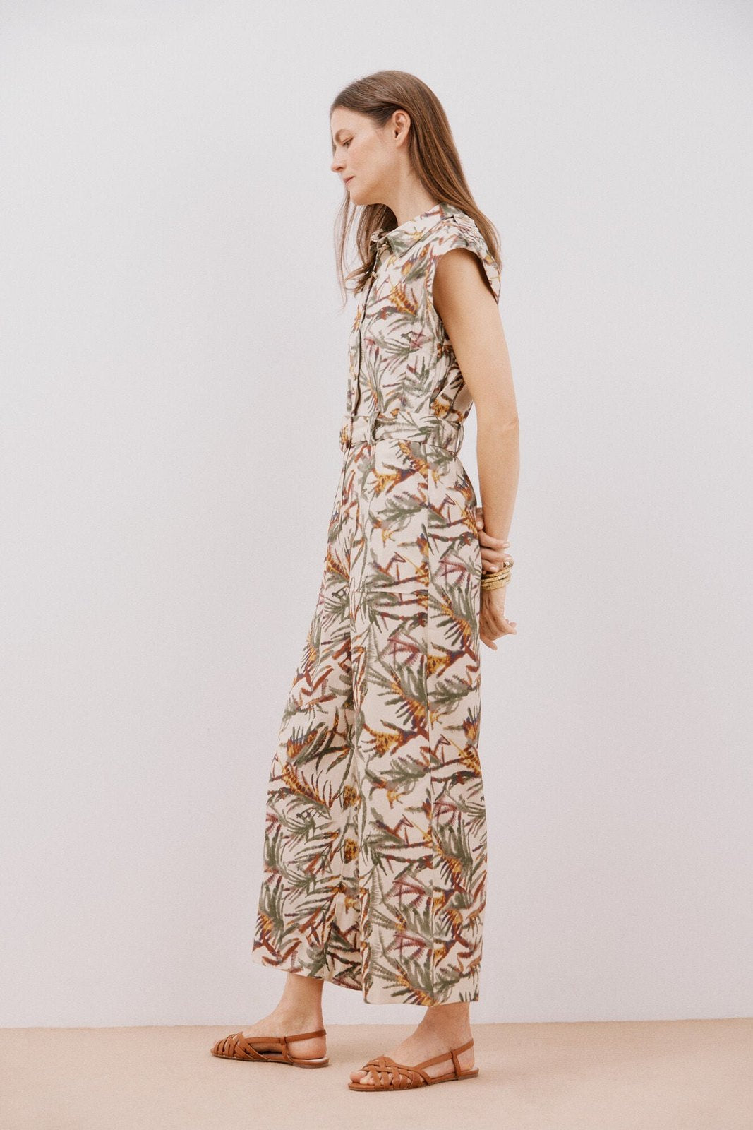 Cortefiel Short Sleeve Belted Jumpsuit - White Print 4 Shaws Department Stores