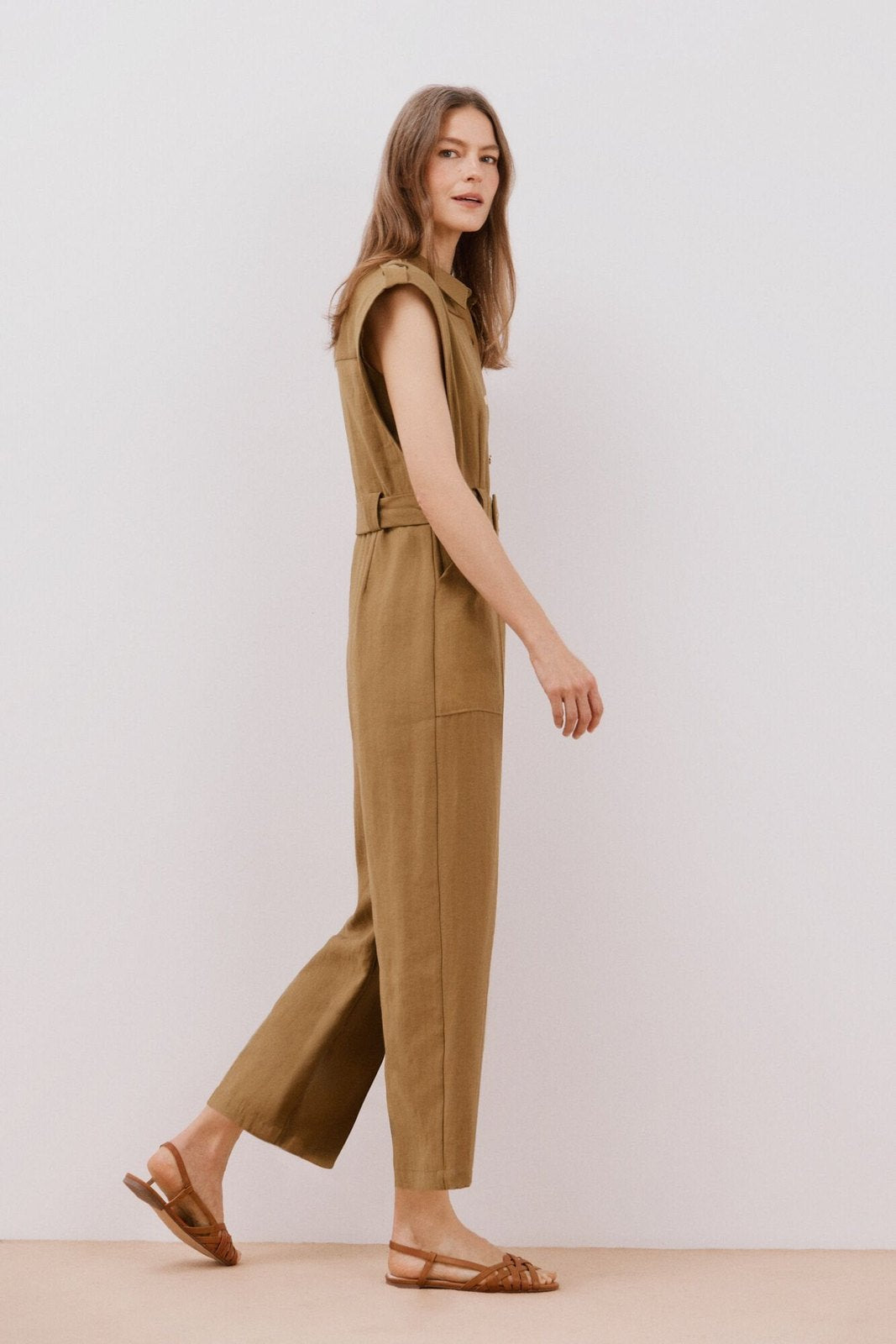 Cortefiel Short Sleeve Belted Jumpsuit - Dark Khaki 5 Shaws Department Stores