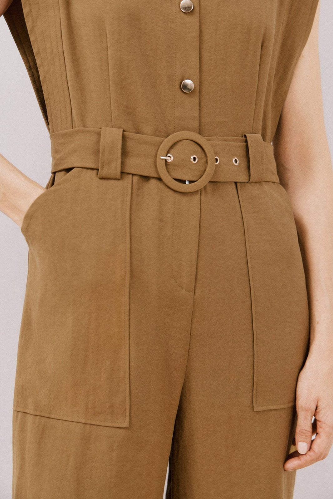 Cortefiel Short Sleeve Belted Jumpsuit - Dark Khaki 14 Shaws Department Stores