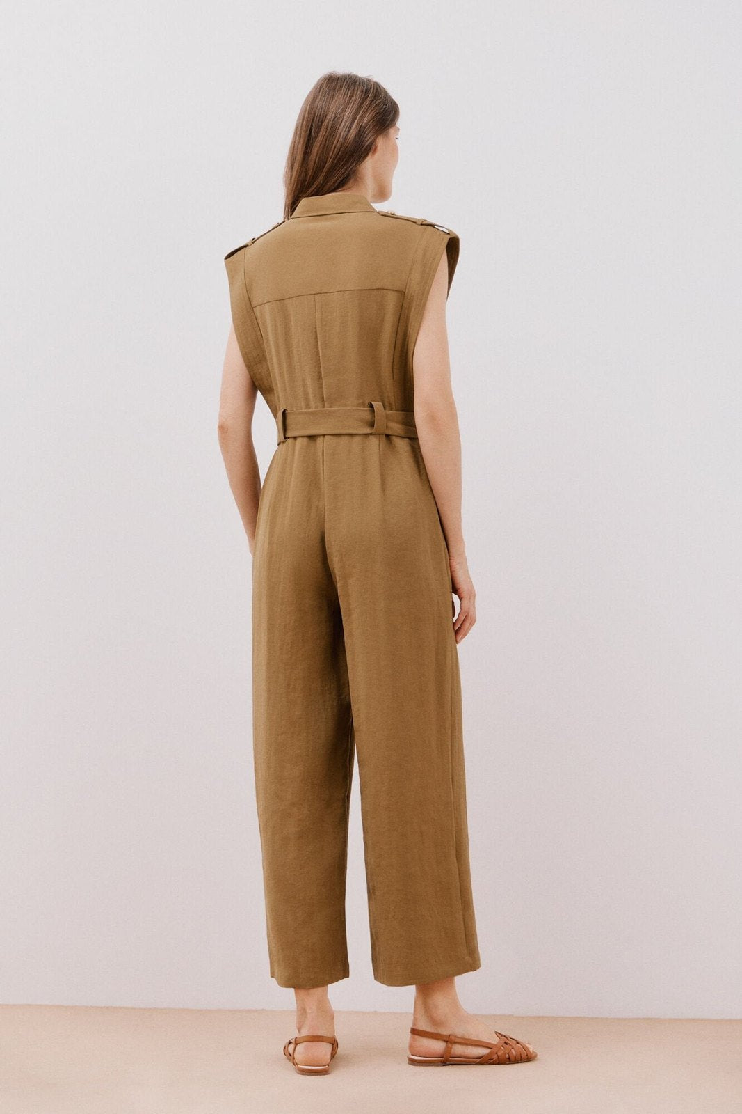 Cortefiel Short Sleeve Belted Jumpsuit - Dark Khaki 4 Shaws Department Stores