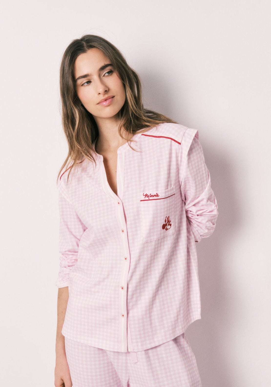 100% Cotton Mandarin Collar Long Pyjamas - Pink