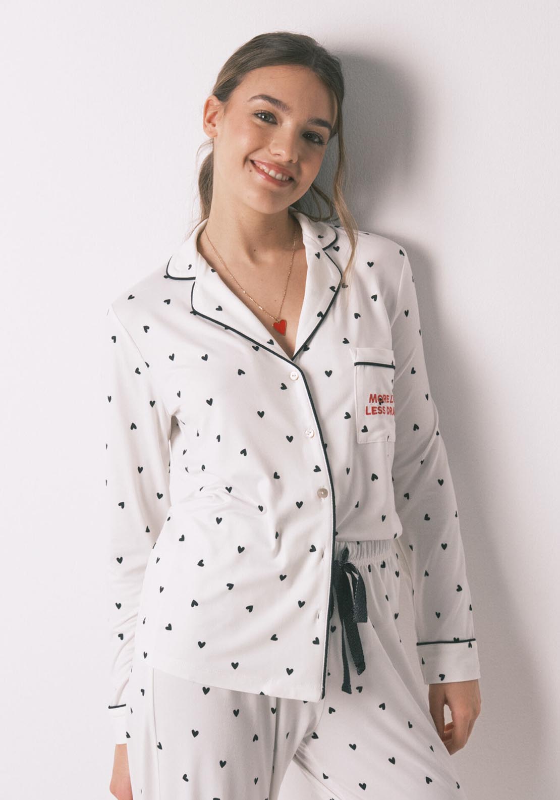 Heart Print Classic Long Pyjamas - White