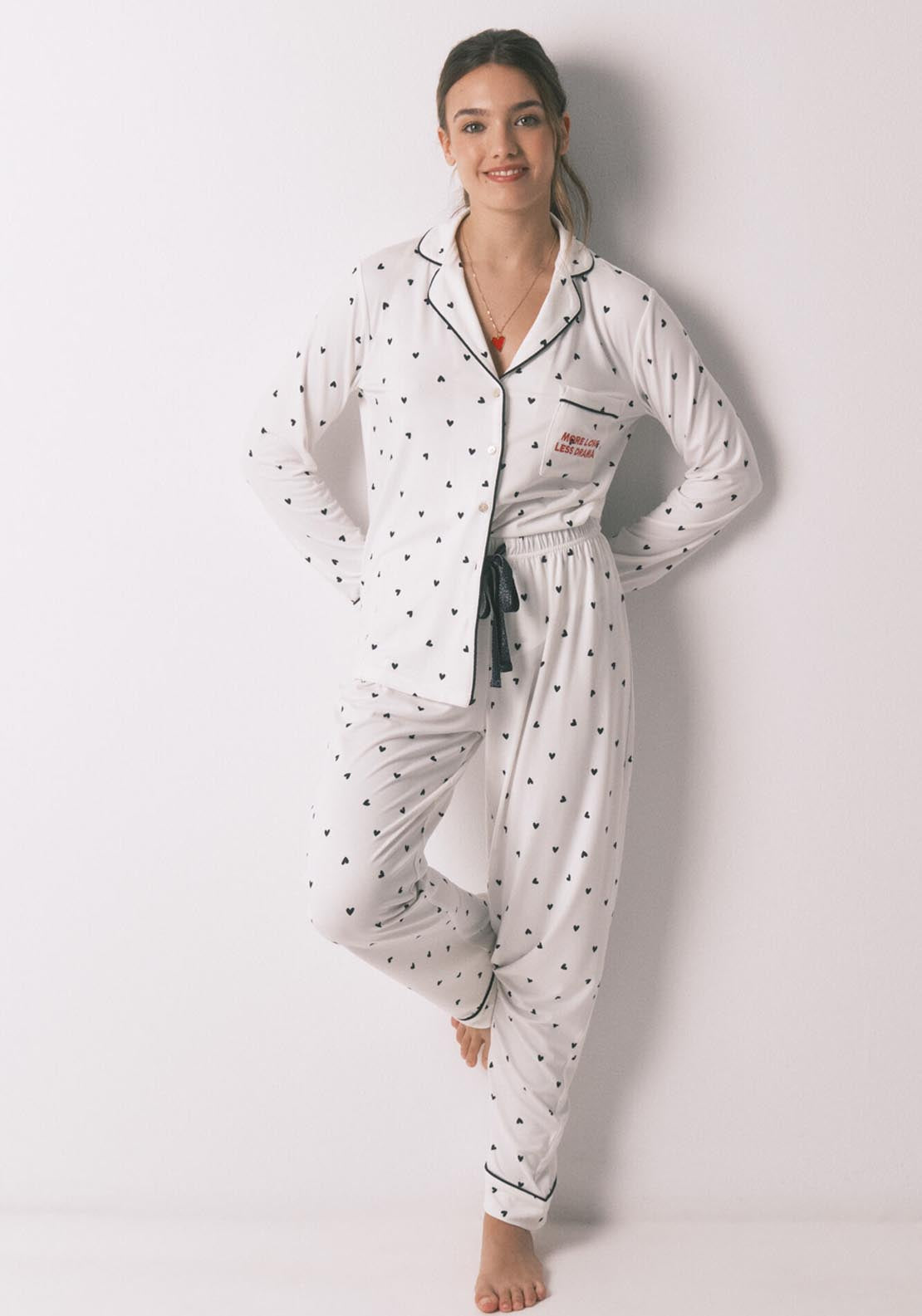 Heart Print Classic Long Pyjamas - White
