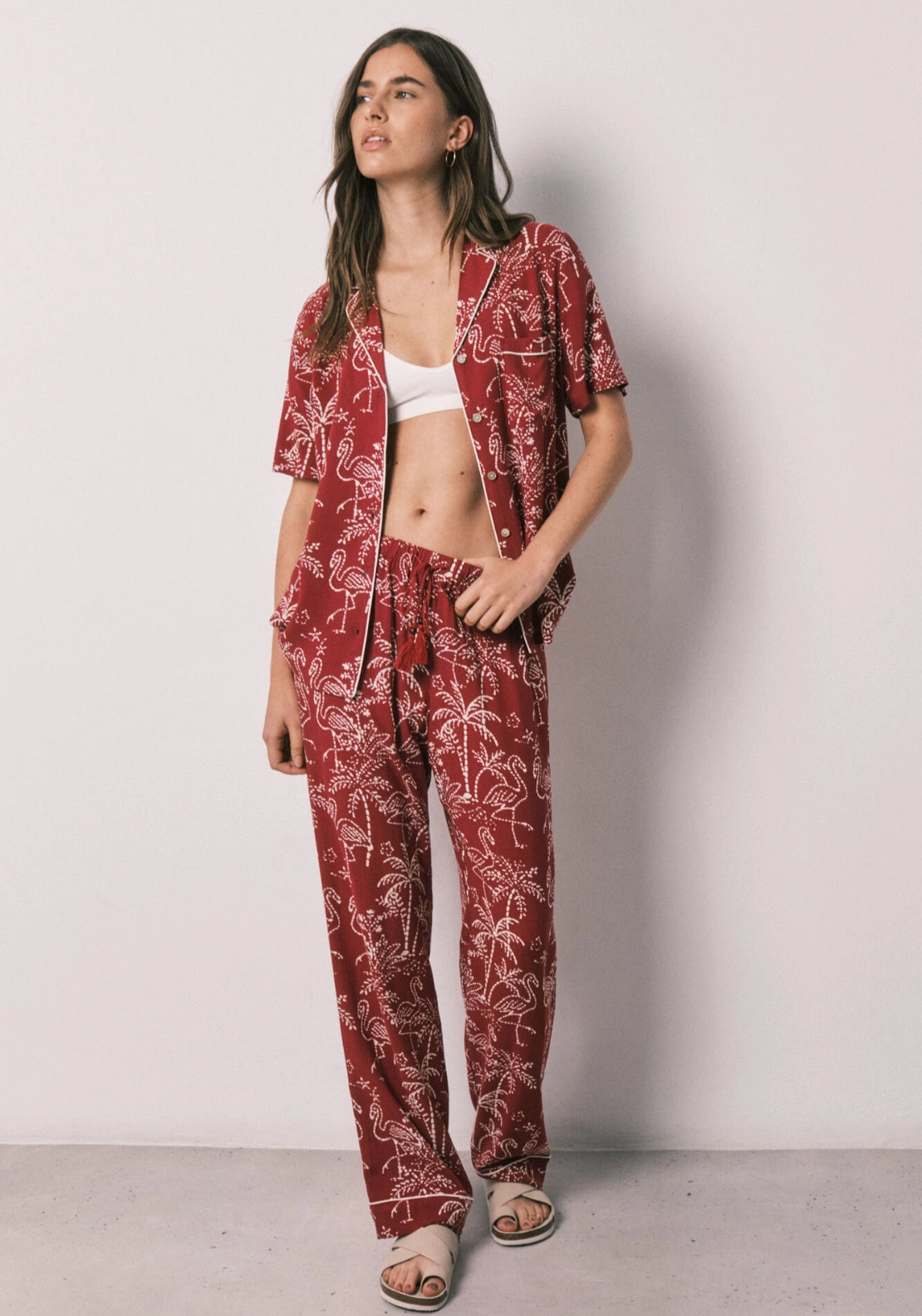 Palm Print Classic Long Pyjama Set - White