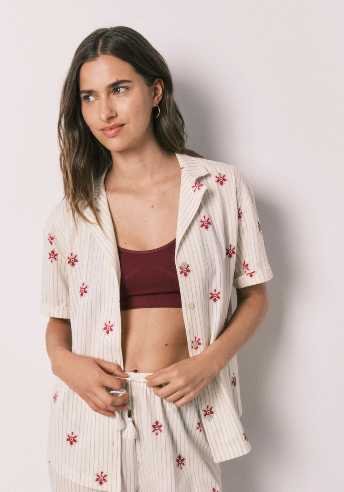 Striped Floral Cotton Long Pyjama Set - White