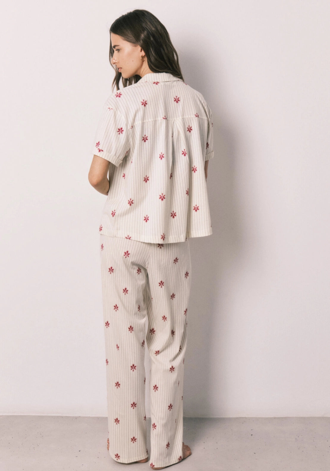 Striped Floral Cotton Long Pyjama Set - White