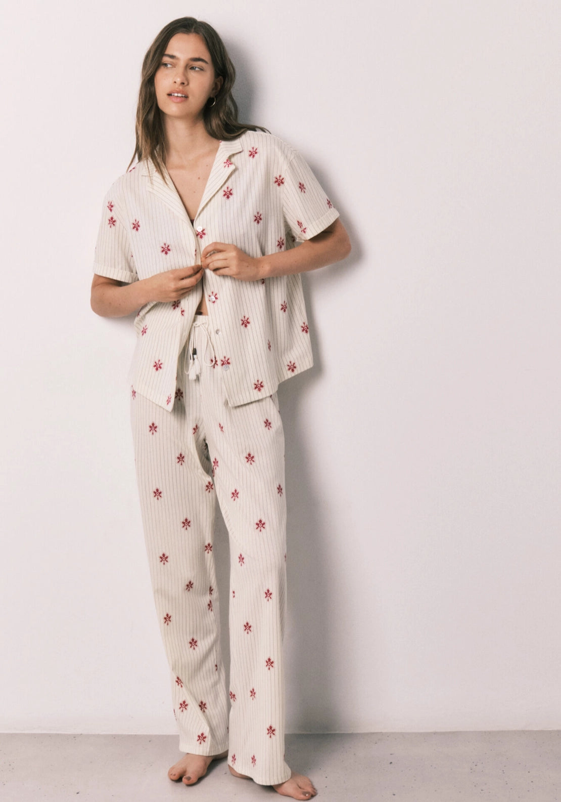 Striped Floral Cotton Long Pyjama Set - White