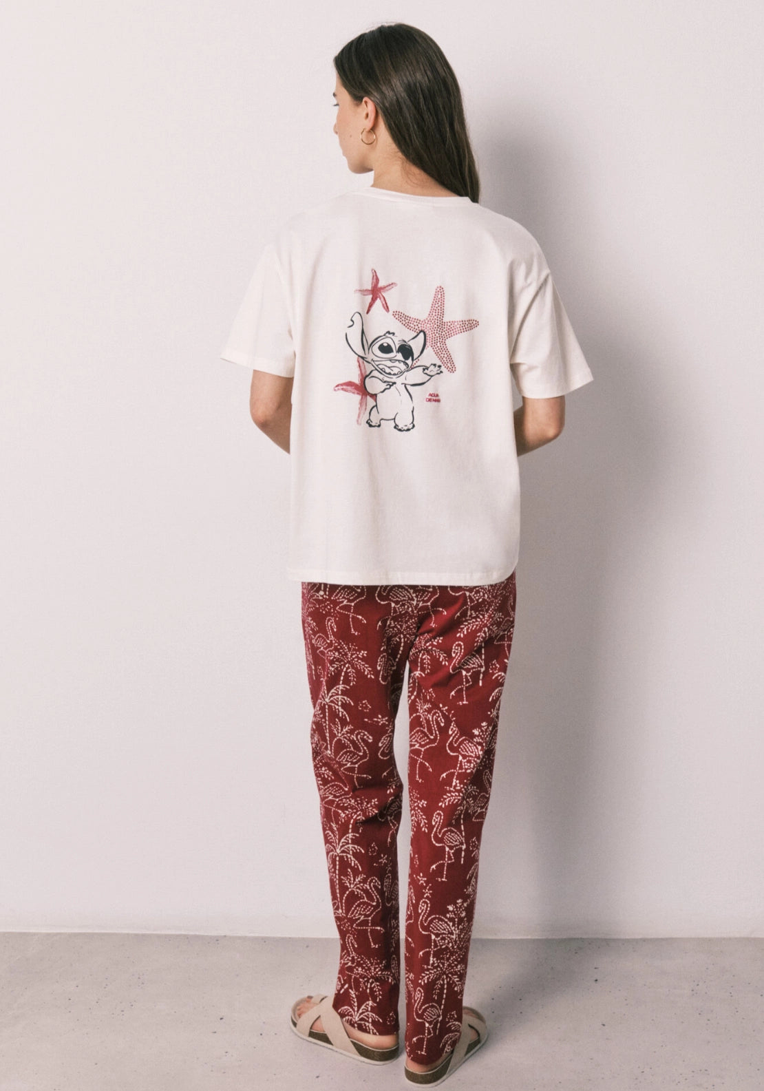 Stitch Palm Print Cotton Long Pyjama Set - White