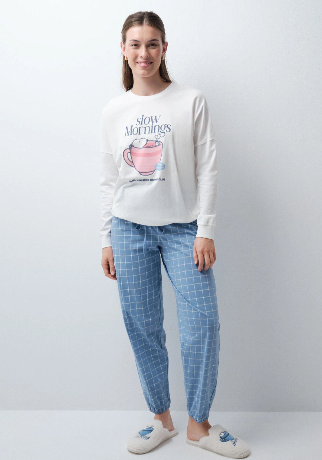 Snoopy Plaid Cotton Long Pyjama Set - White