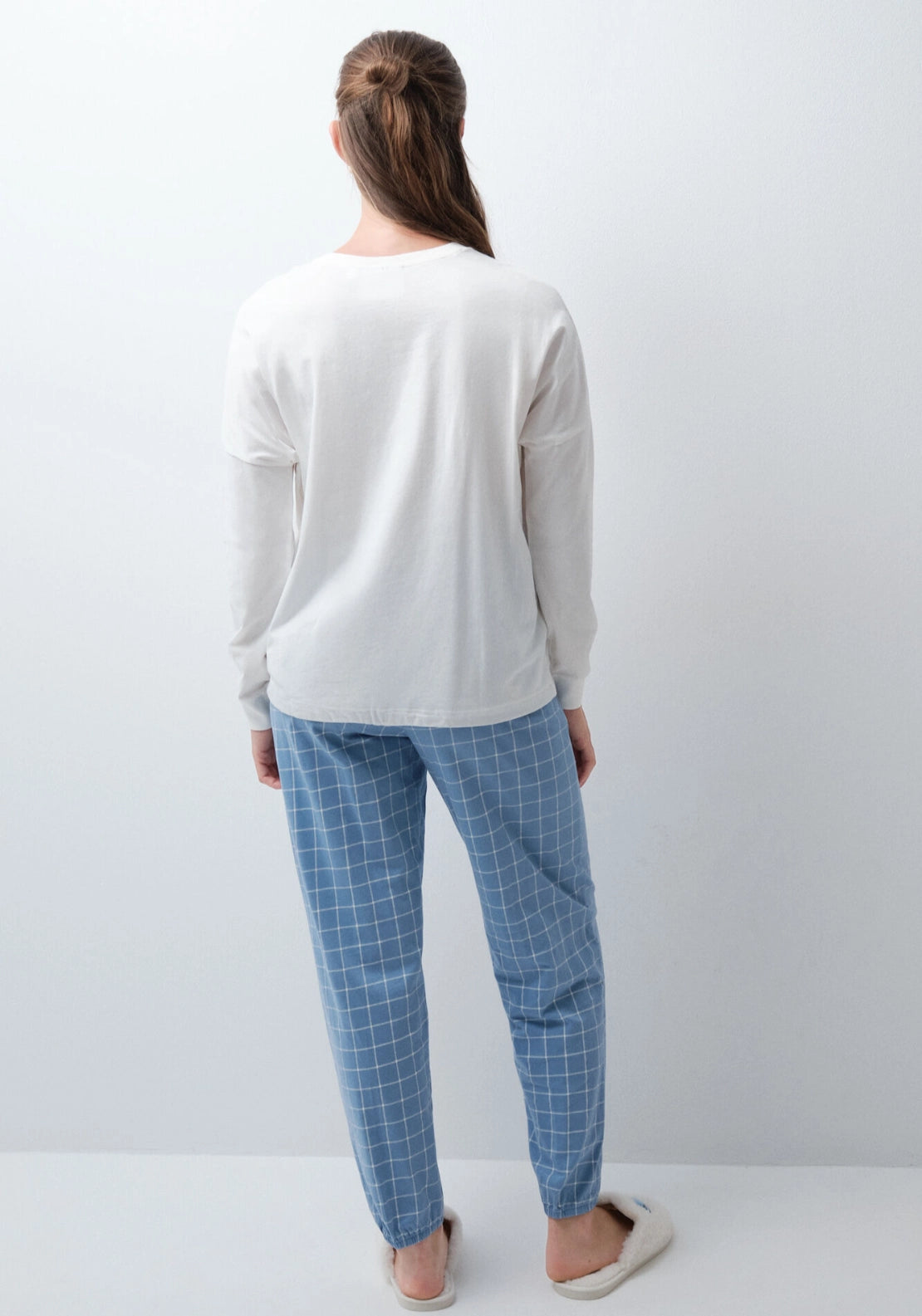 Snoopy Plaid Cotton Long Pyjama Set - White