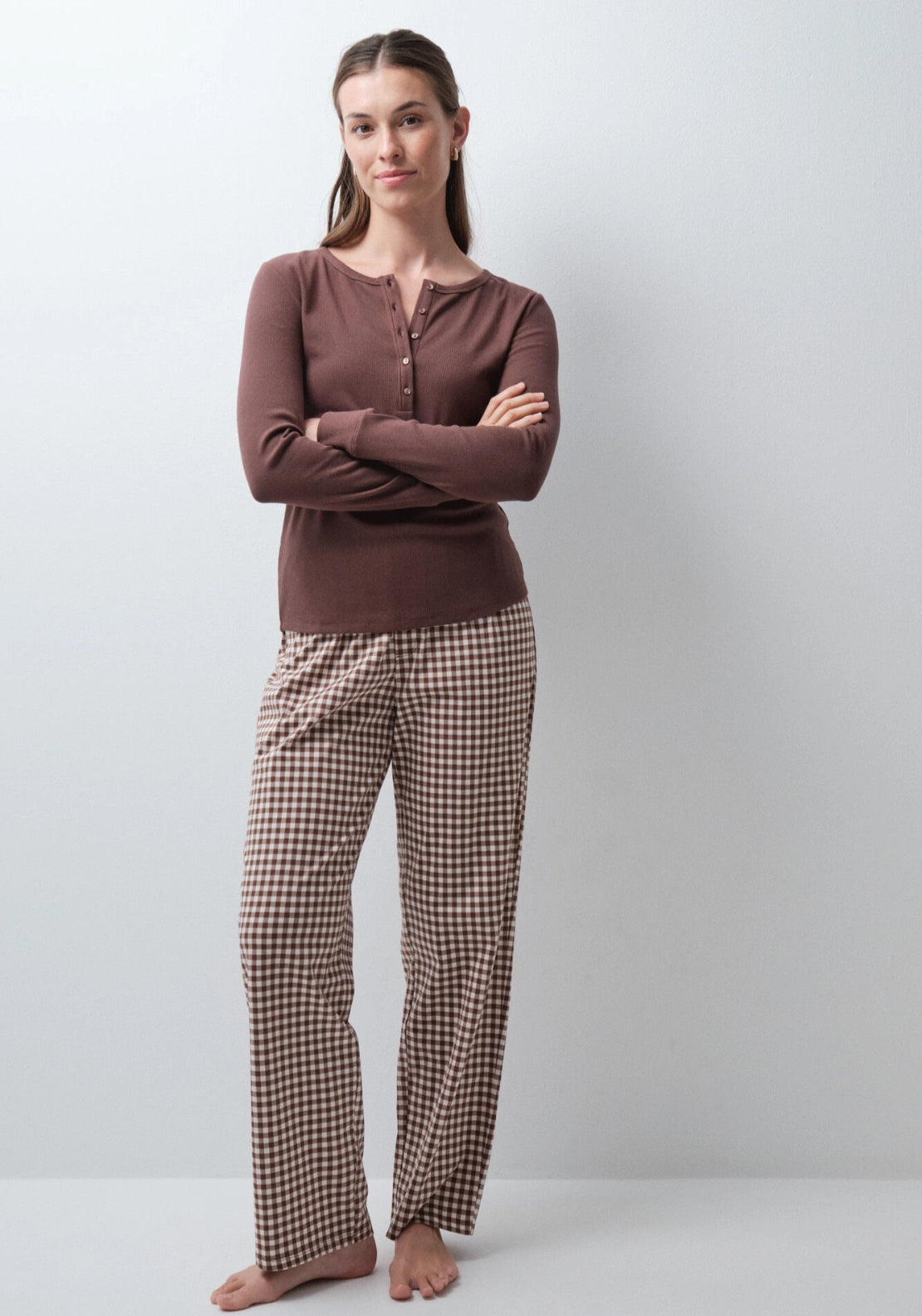 Plaid Cotton Long Pyjamas - Brown