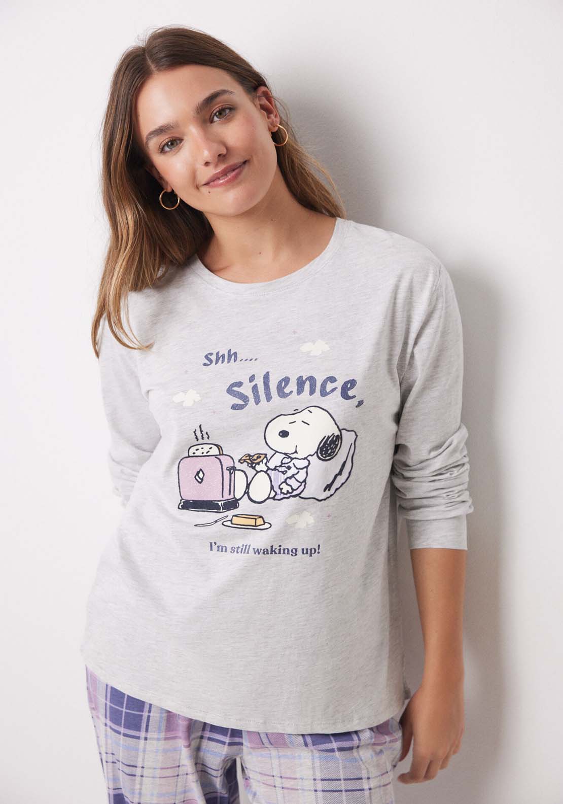 Womens Secret Long pajamas 100% cotton Snoopy checkered - Grey 1 Shaws Department Stores