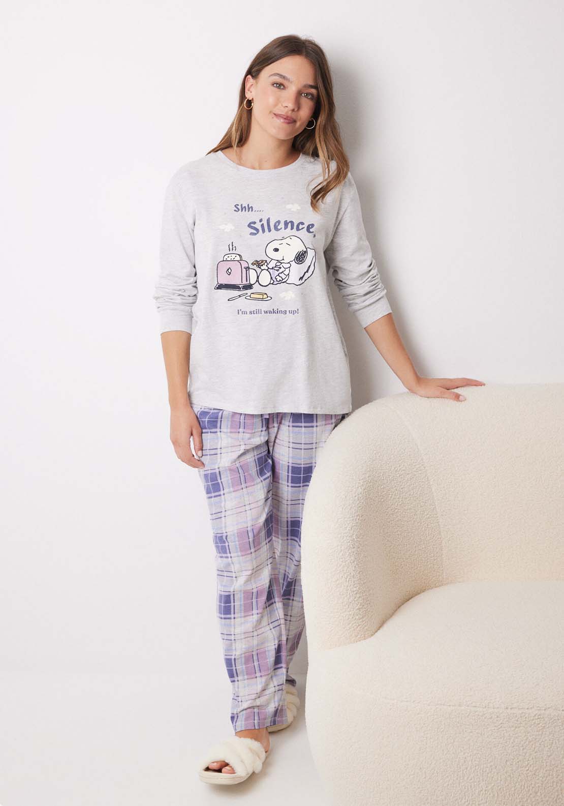 Womens Secret Long pajamas 100% cotton Snoopy checkered - Grey 5 Shaws Department Stores