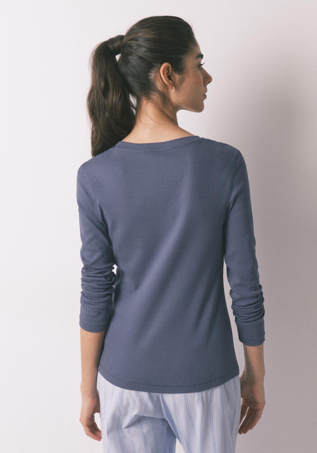 Ribbed Cotton Long Sleeve T Shirt - Blue