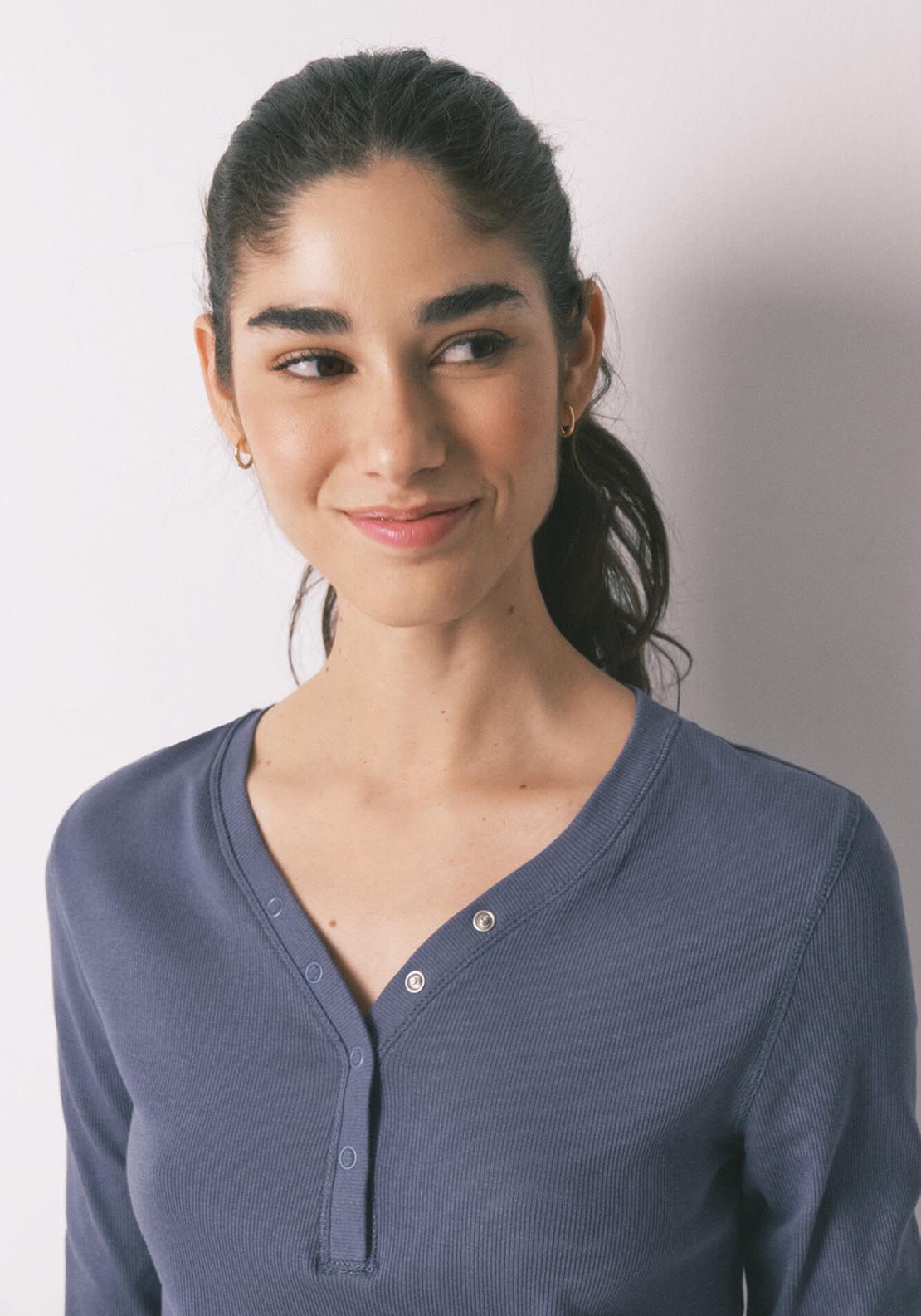 Ribbed Cotton Long Sleeve T Shirt - Blue