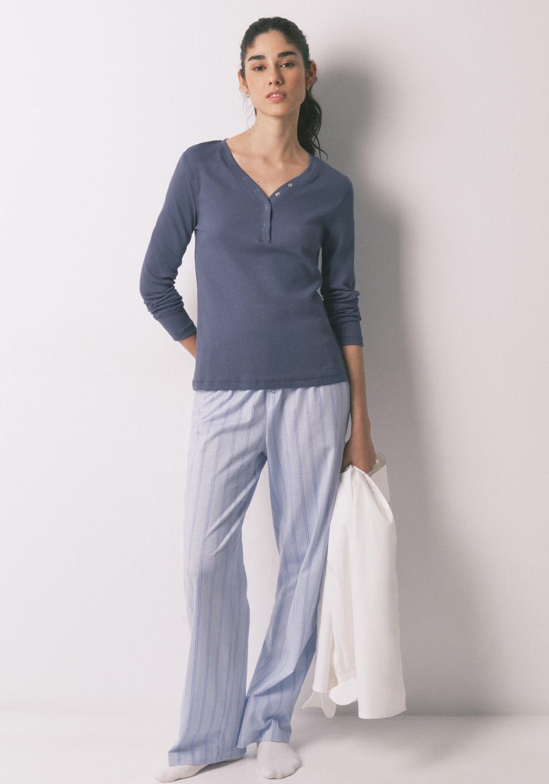 Ribbed Cotton Long Sleeve T Shirt - Blue
