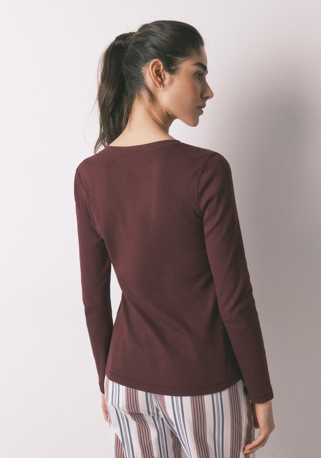Ribbed Cotton Long Sleeve T Shirt - Wine