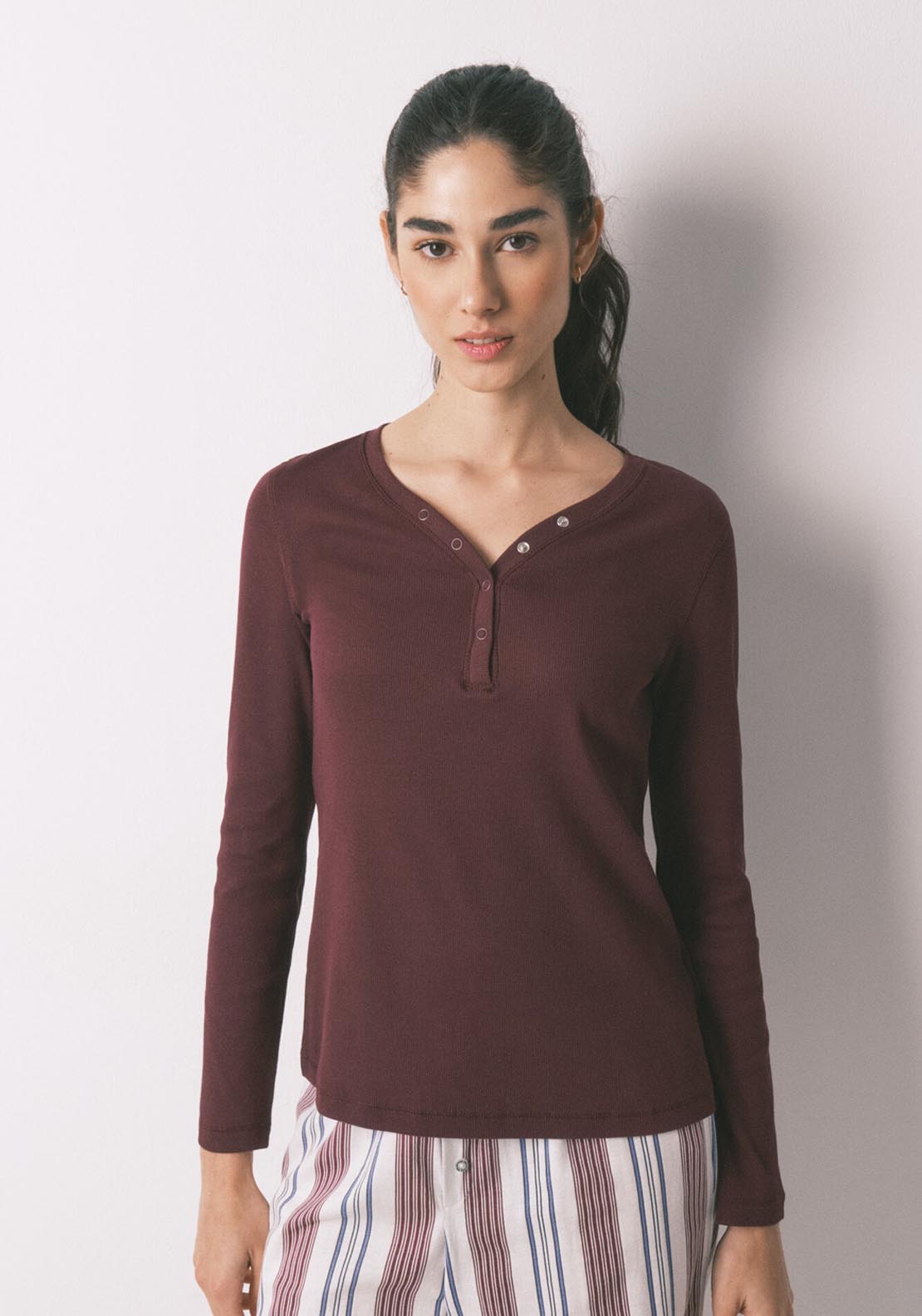 Ribbed Cotton Long Sleeve T Shirt - Wine