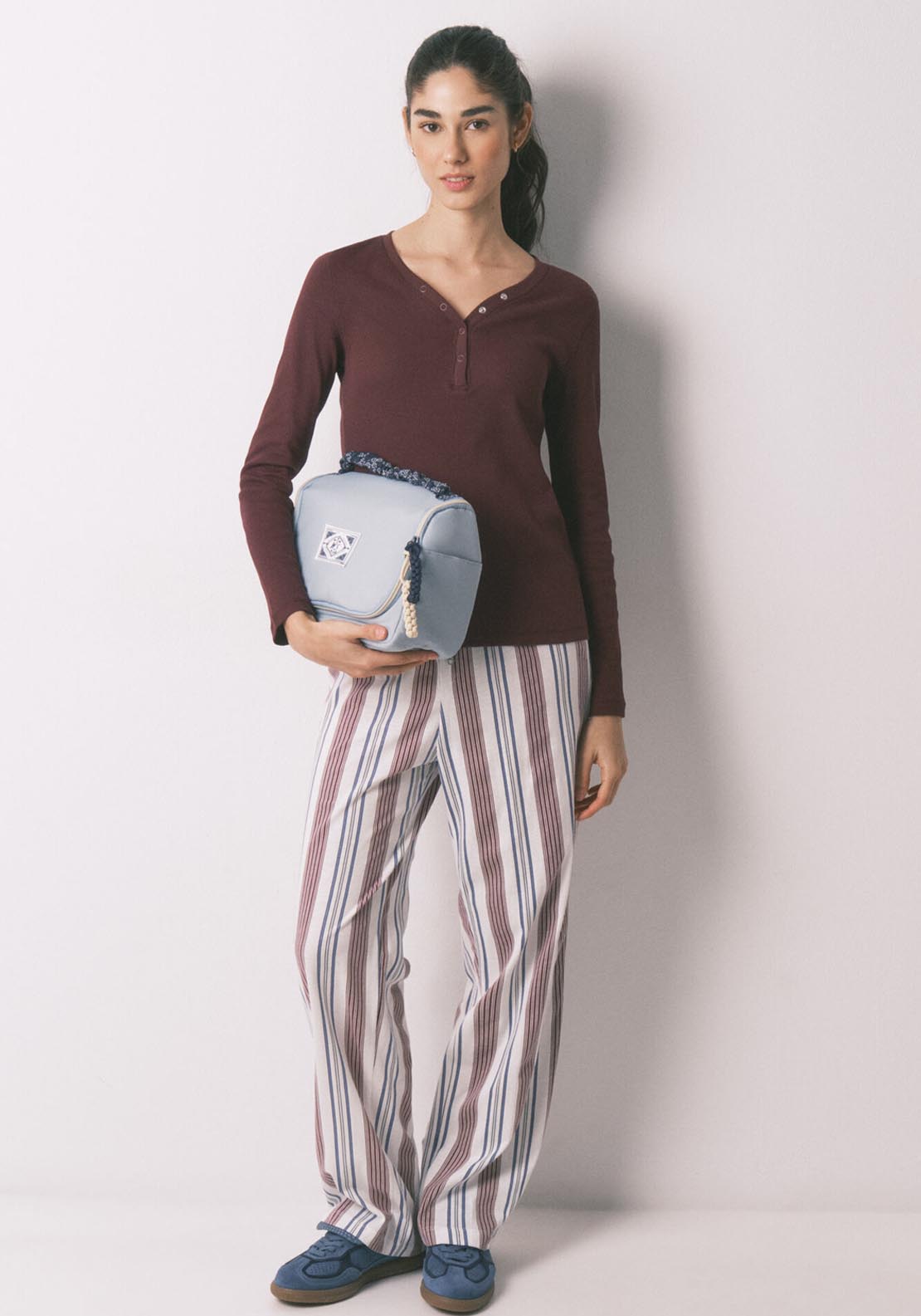 Ribbed Cotton Long Sleeve T Shirt - Wine
