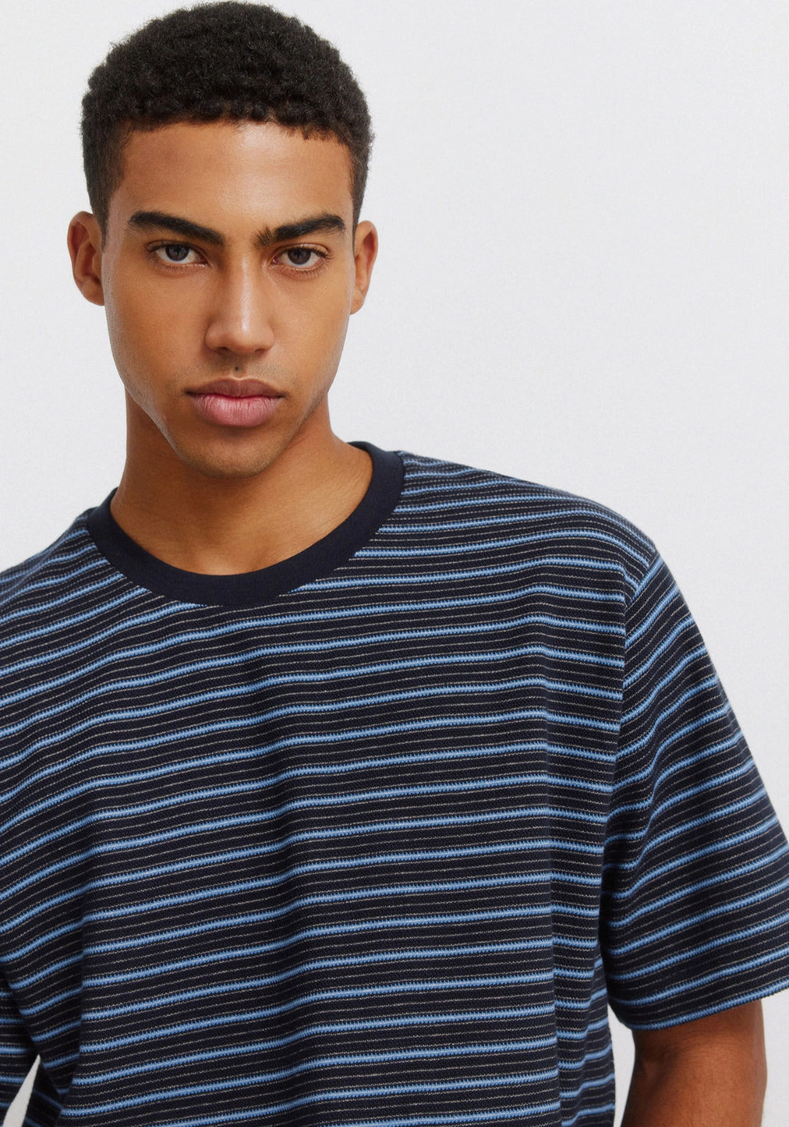 100% Cotton Pique Striped T-Shirt - Blue