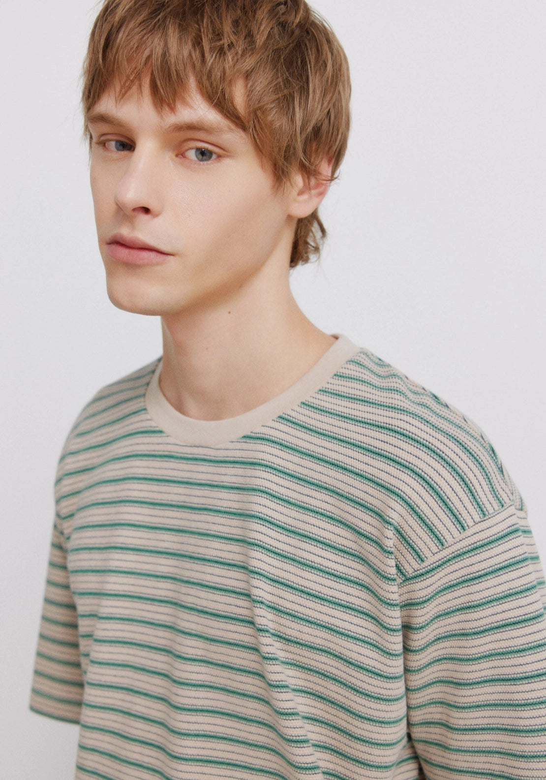 100% Cotton Pique Striped T-Shirt - Beige