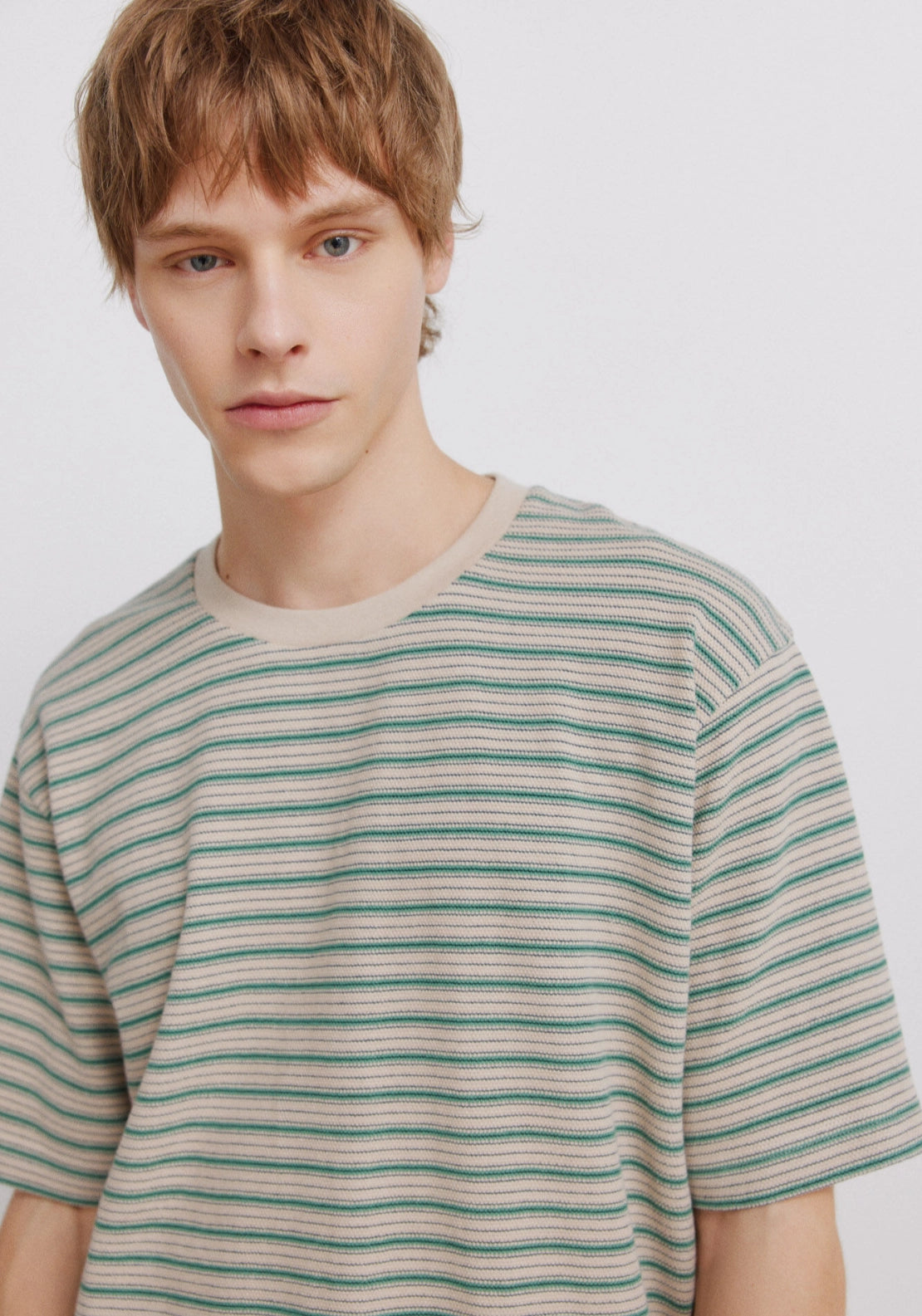 100% Cotton Pique Striped T-Shirt - Beige