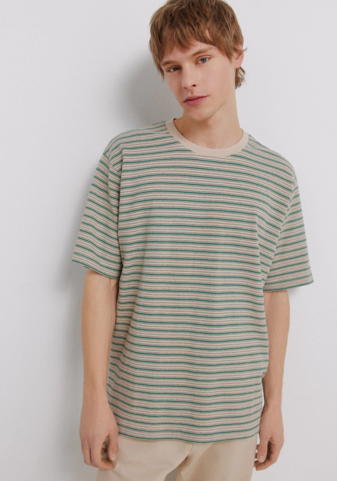 100% Cotton Pique Striped T-Shirt - Beige