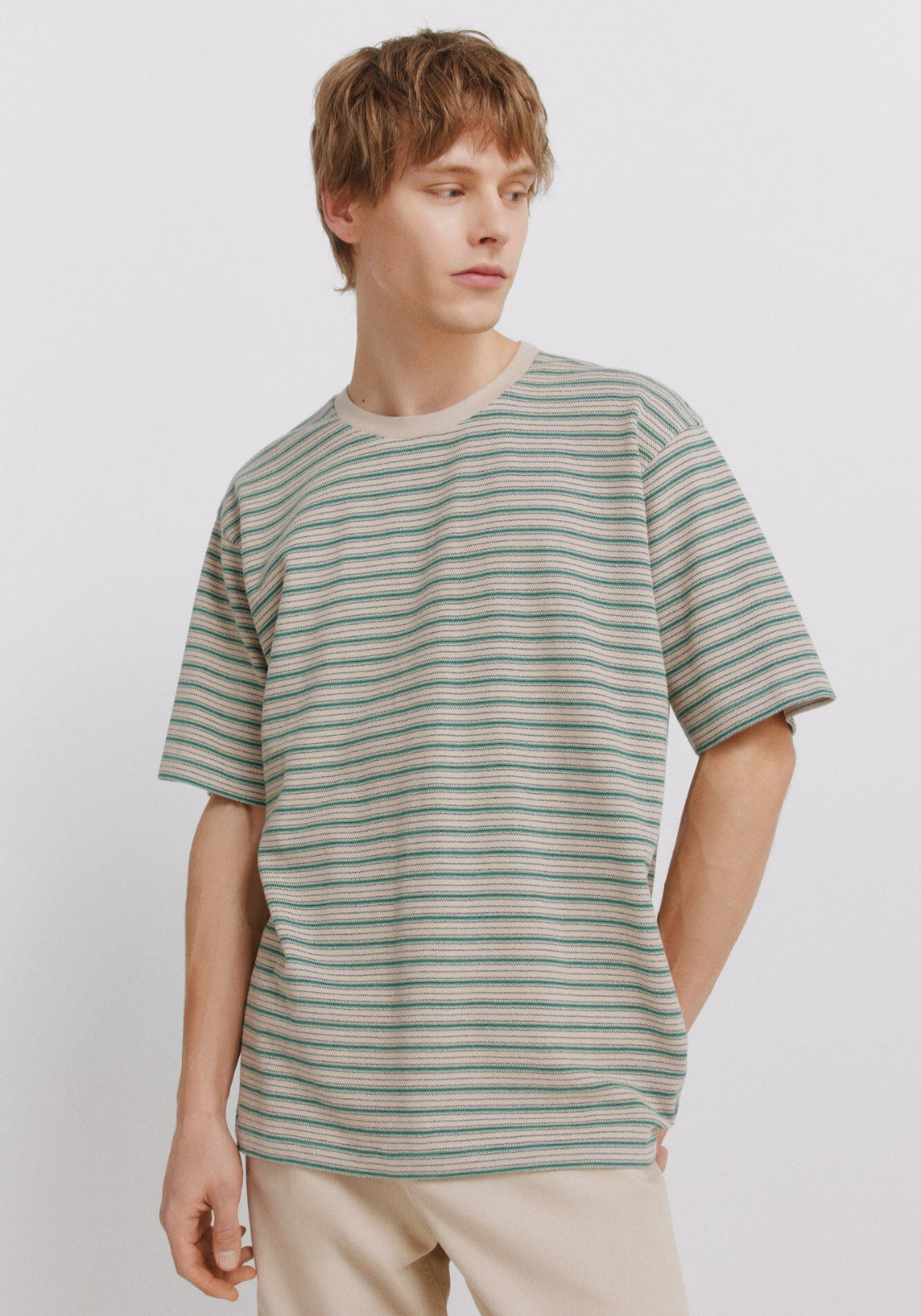 100% Cotton Pique Striped T-Shirt - Beige