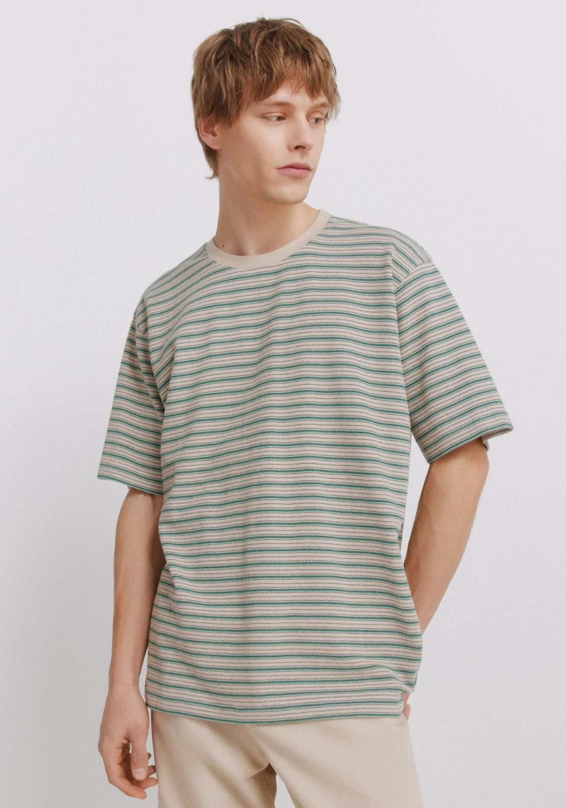 100% Cotton Pique Striped T-Shirt - Beige