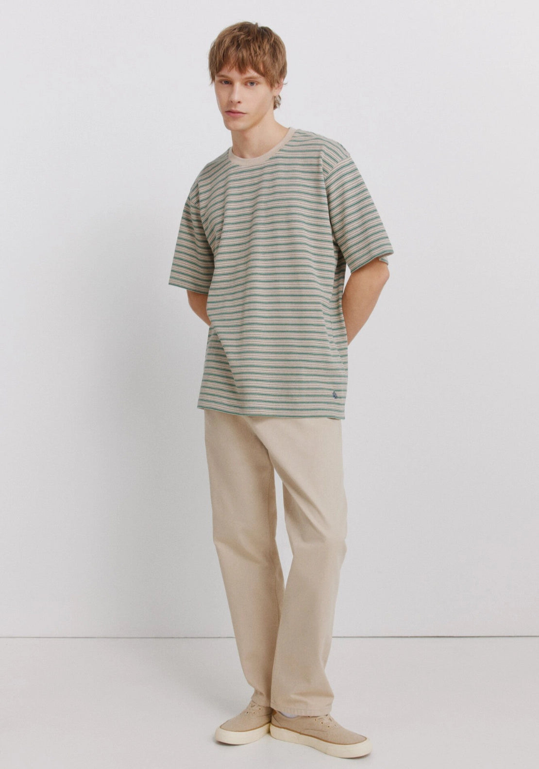 100% Cotton Pique Striped T-Shirt - Beige