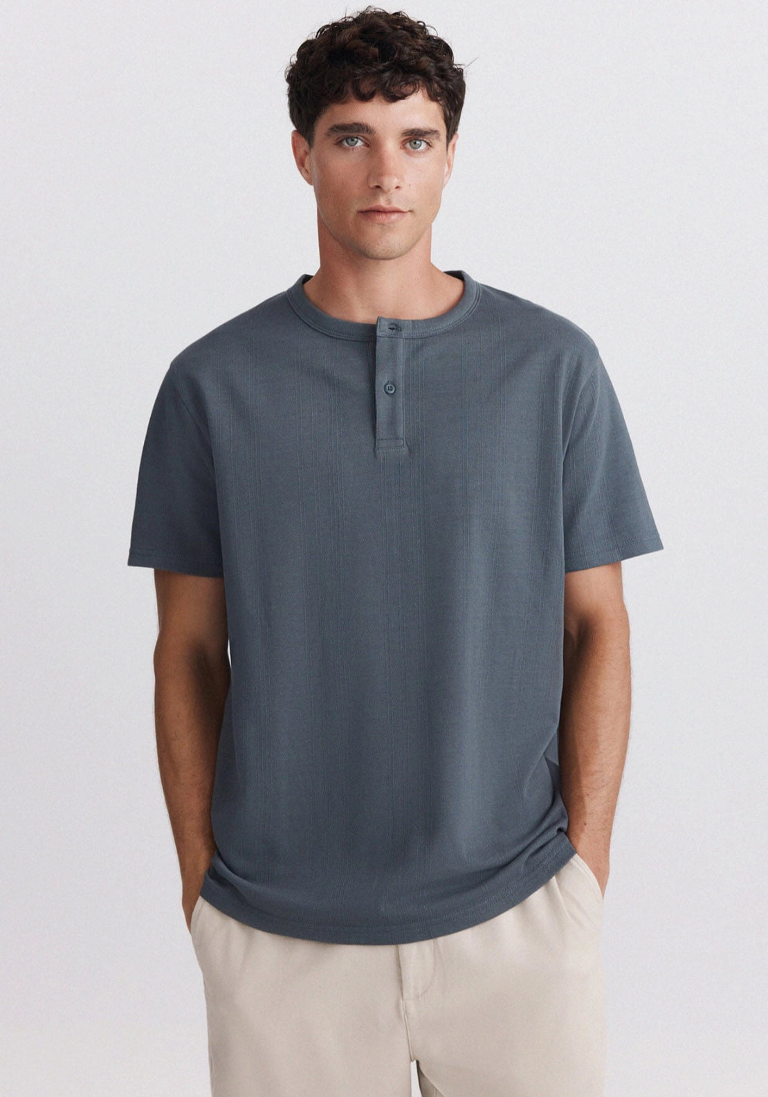 Pique Mandarin Collar Tee - Blue
