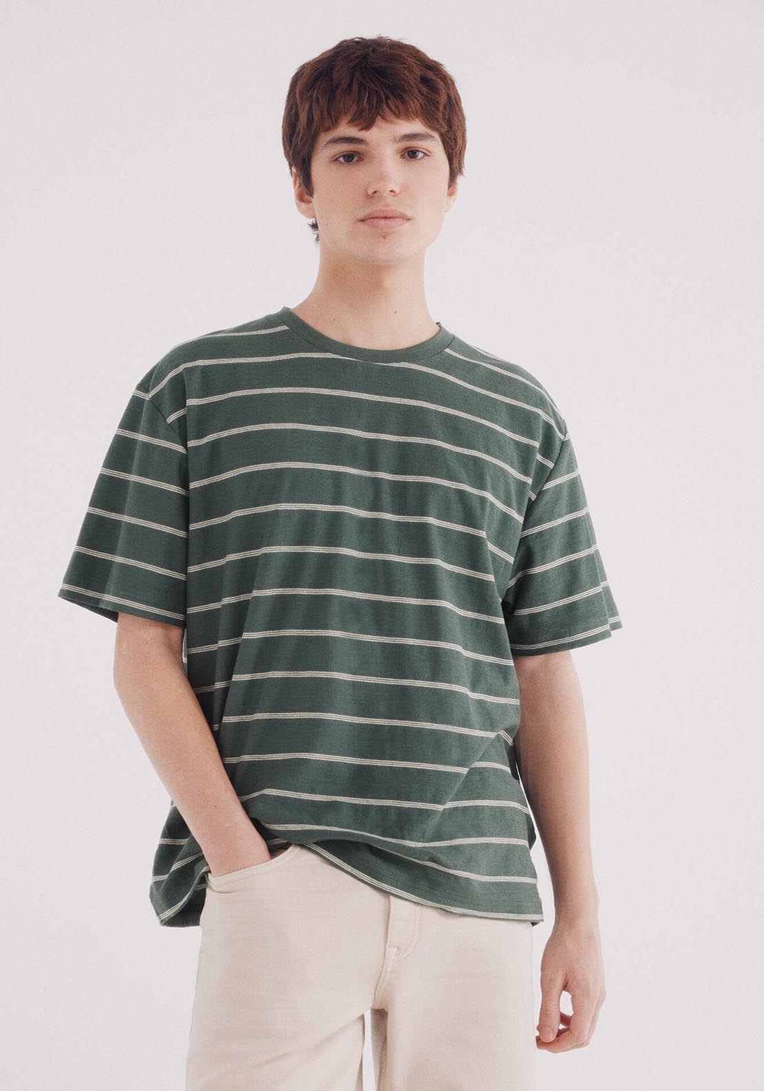 Springfield Striped Slub Cotton T-Shirt - Green 1 Shaws Department Stores