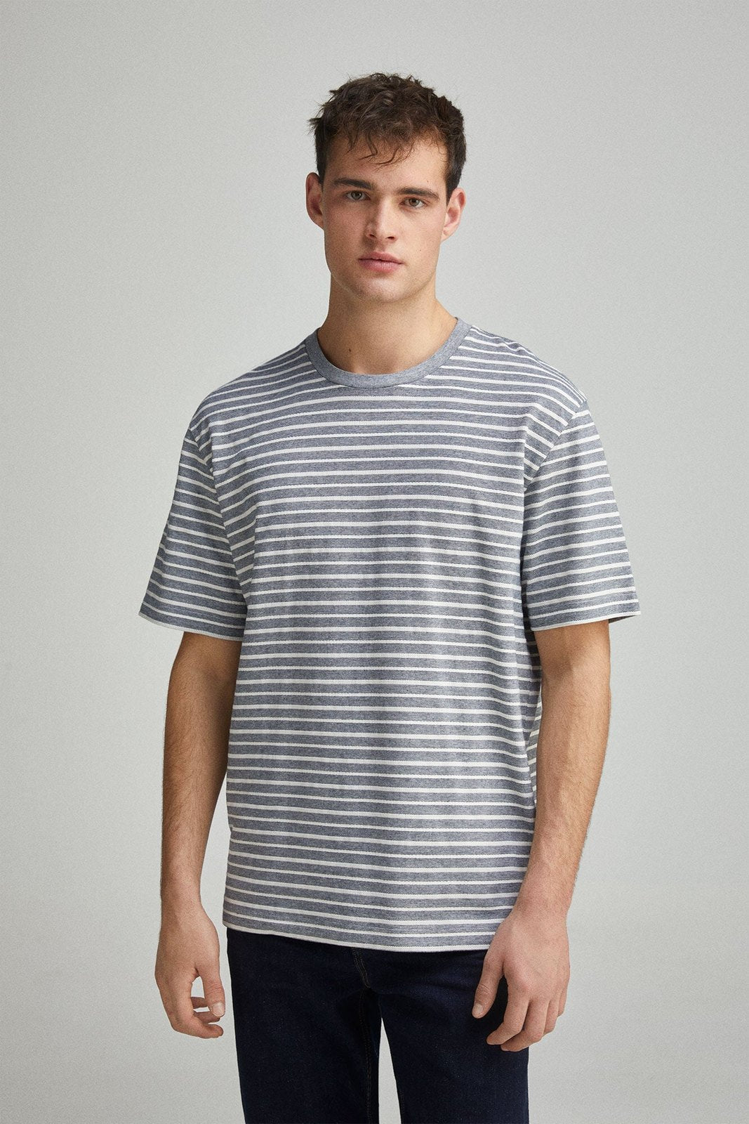 Springfield Textured stripe T-shirt - Blue 4 Shaws Department Stores