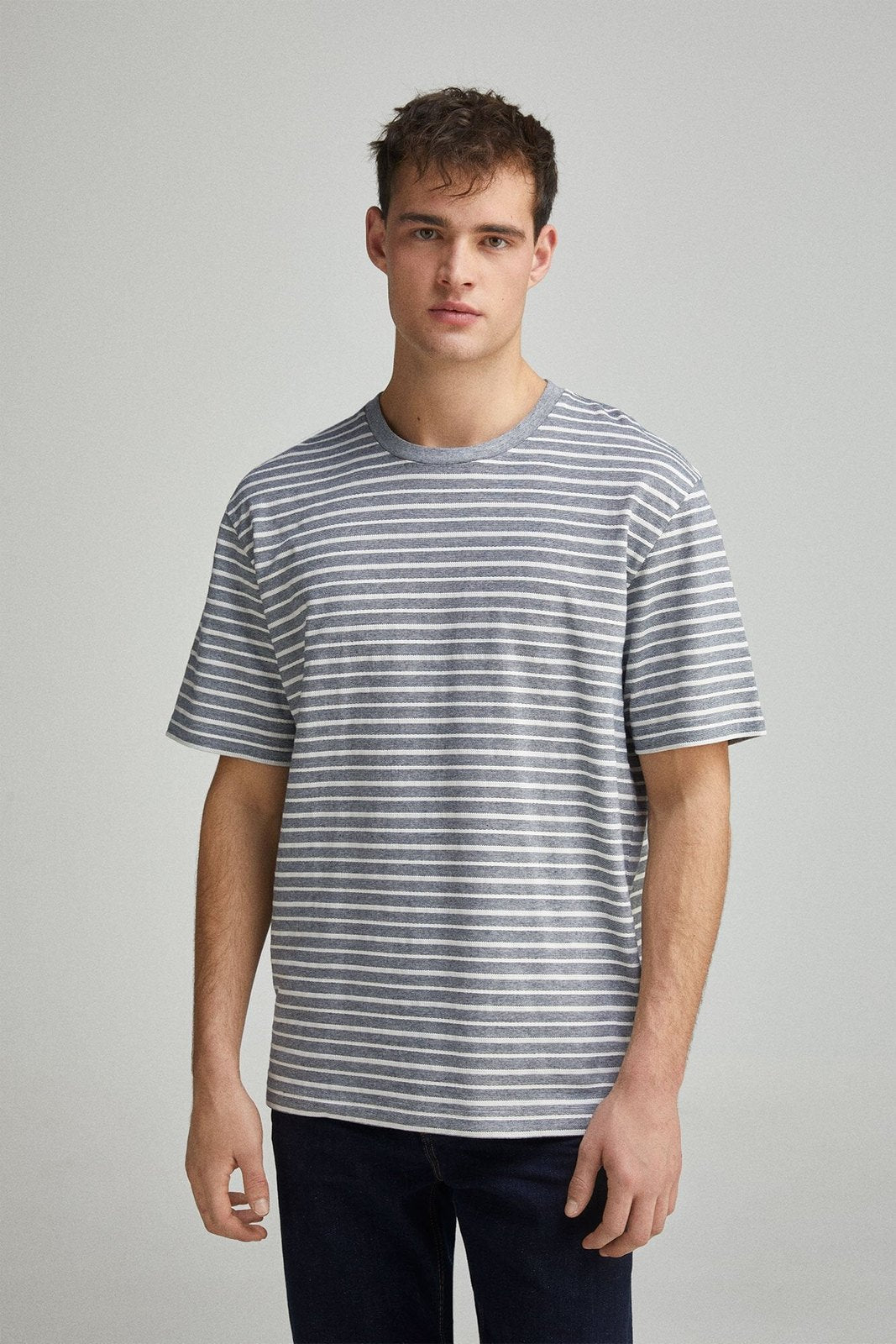 Springfield Textured stripe T-shirt - Blue 1 Shaws Department Stores