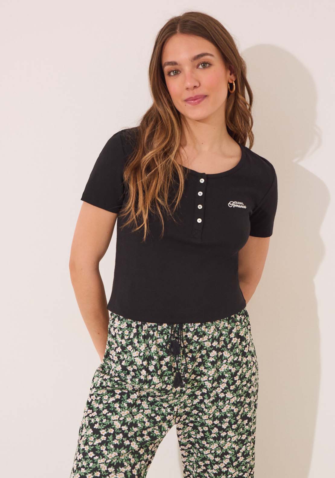 Short Sleeves Long Pant Pyjama - Black