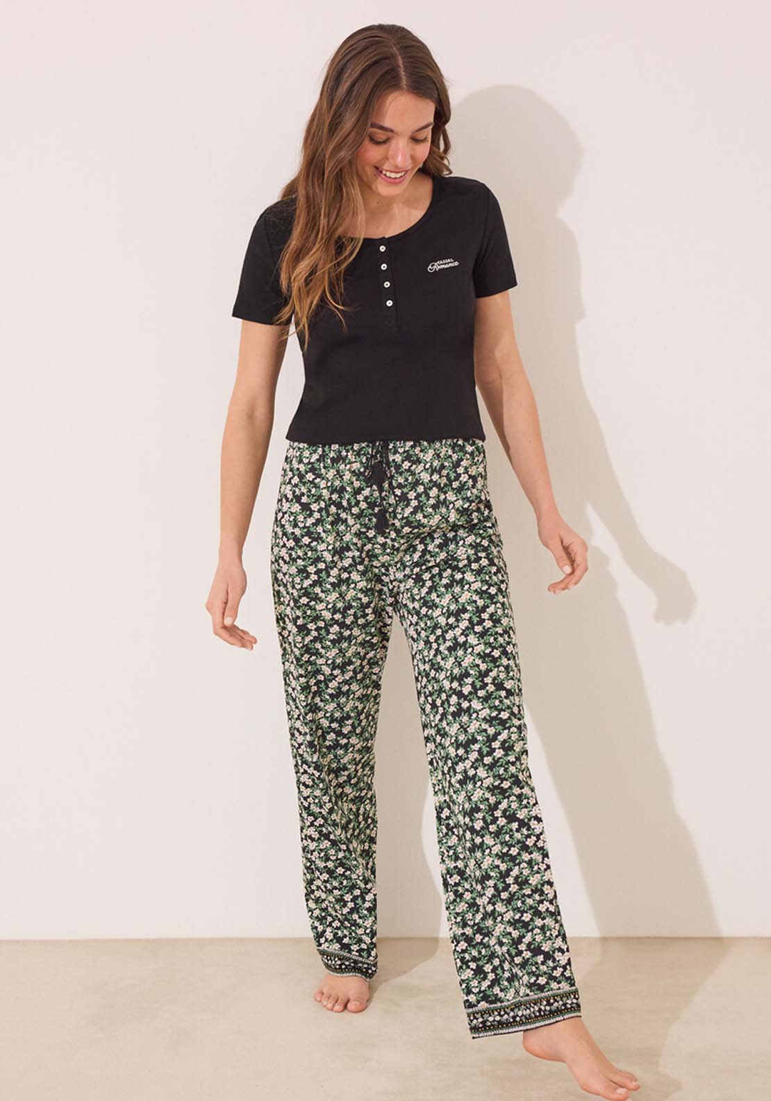 Short Sleeves Long Pant Pyjama - Black