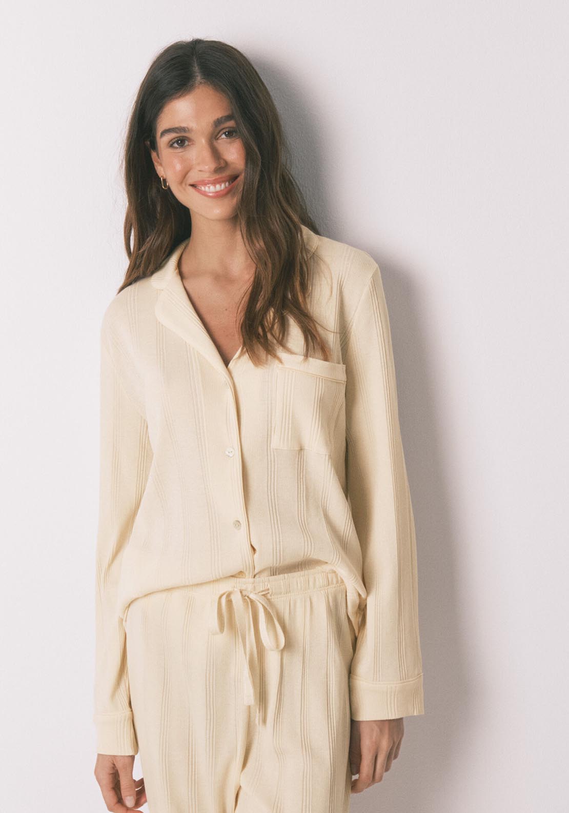 Ribbed Cotton Classic Long Pyjamas - Ivory