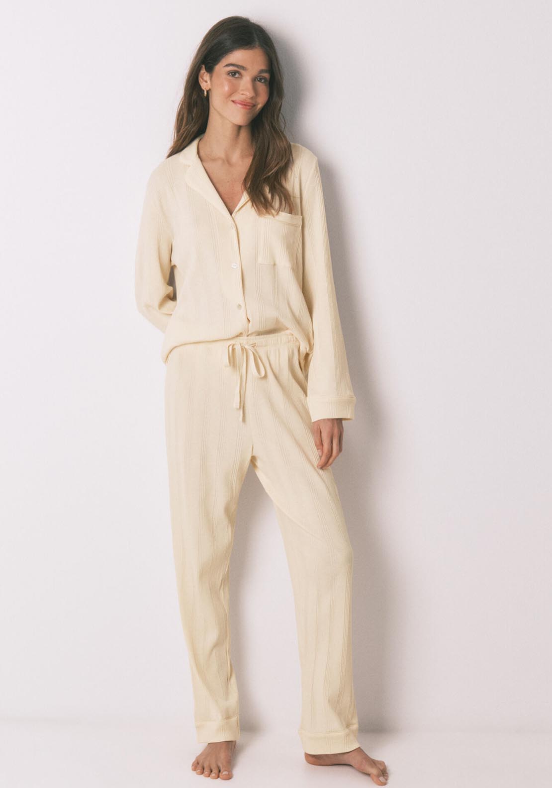 Ribbed Cotton Classic Long Pyjamas - Ivory