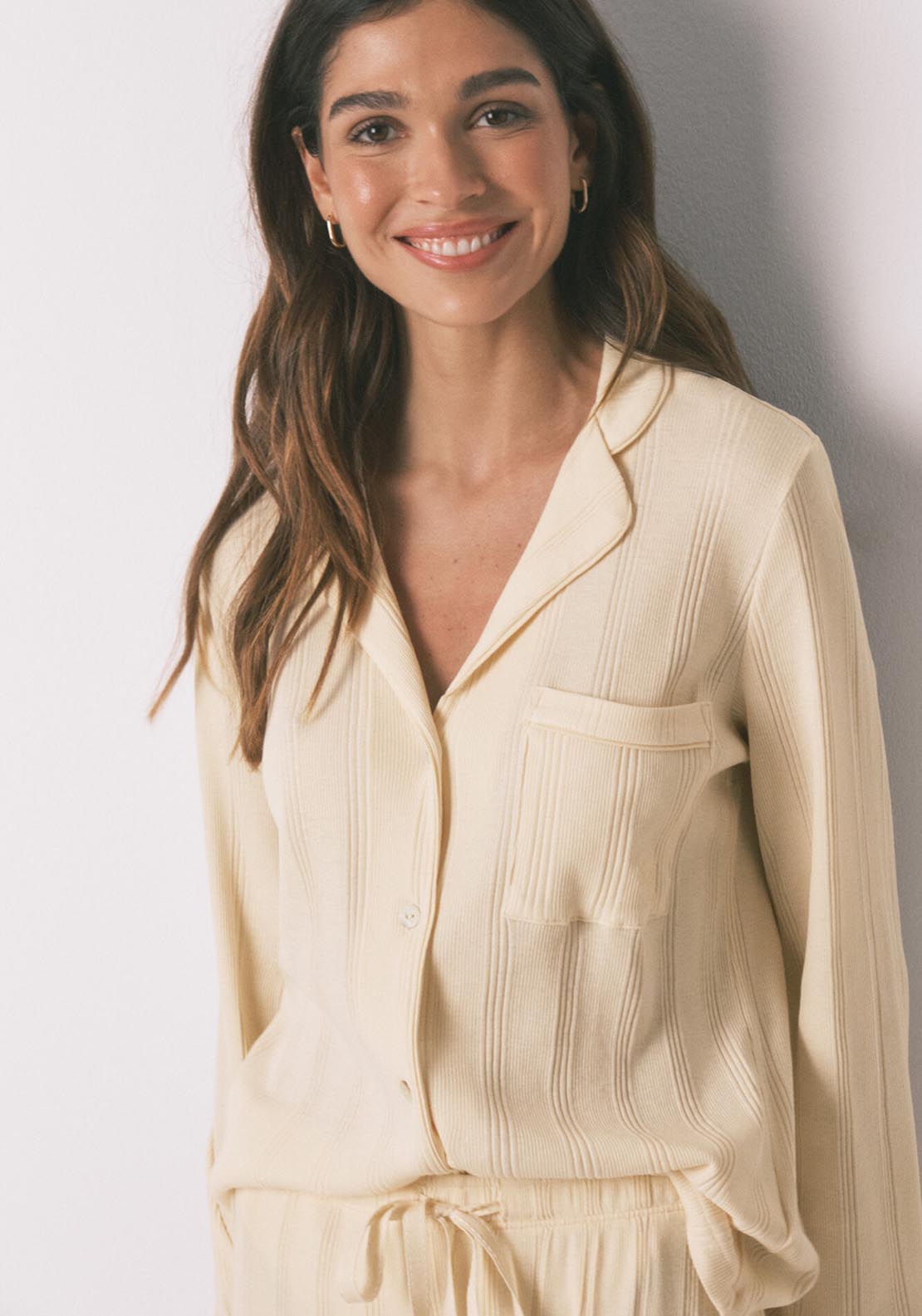 Ribbed Cotton Classic Long Pyjamas - Ivory
