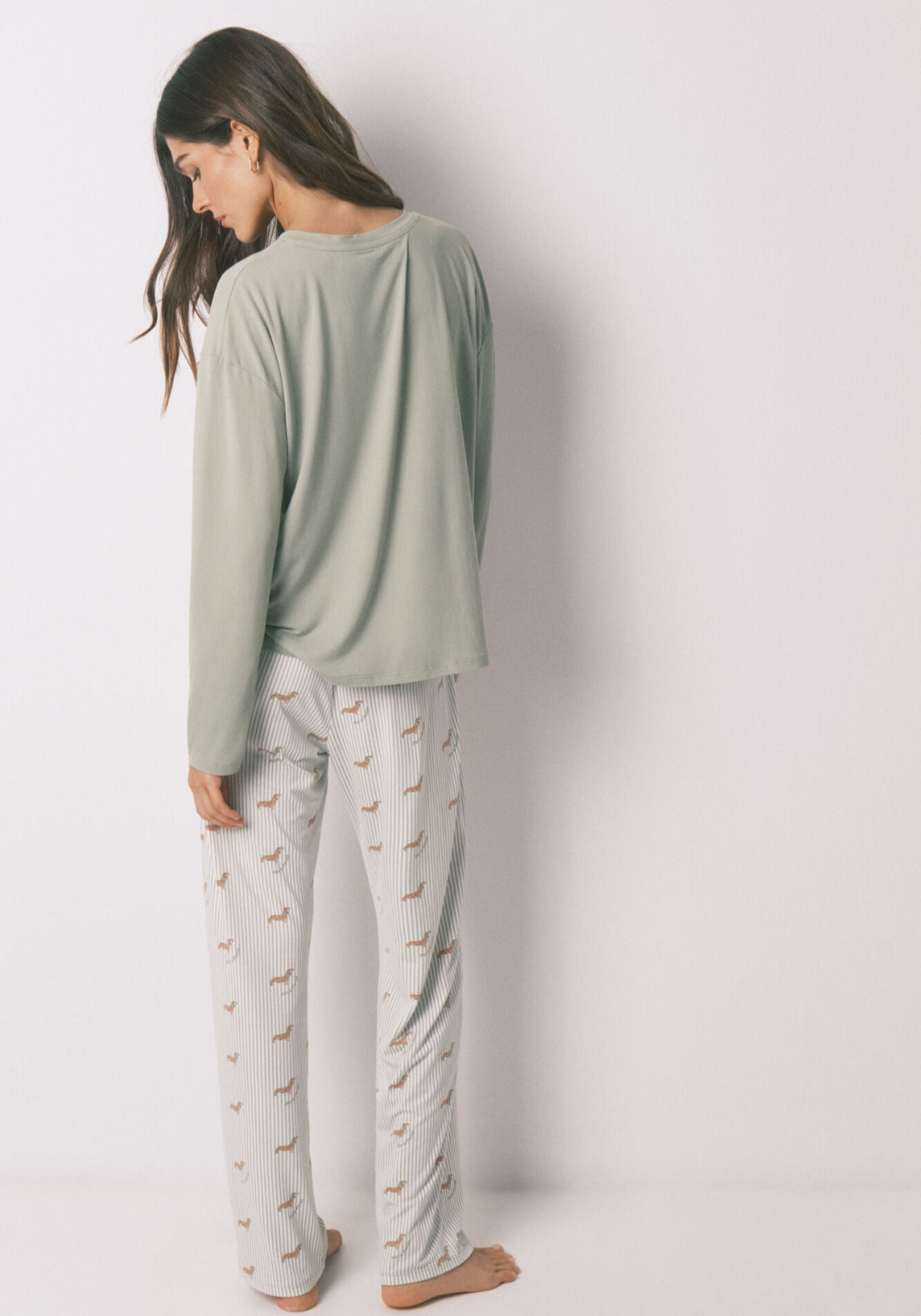 Soft Jersey-Knit Dog-Print Long Pyjamas - Green